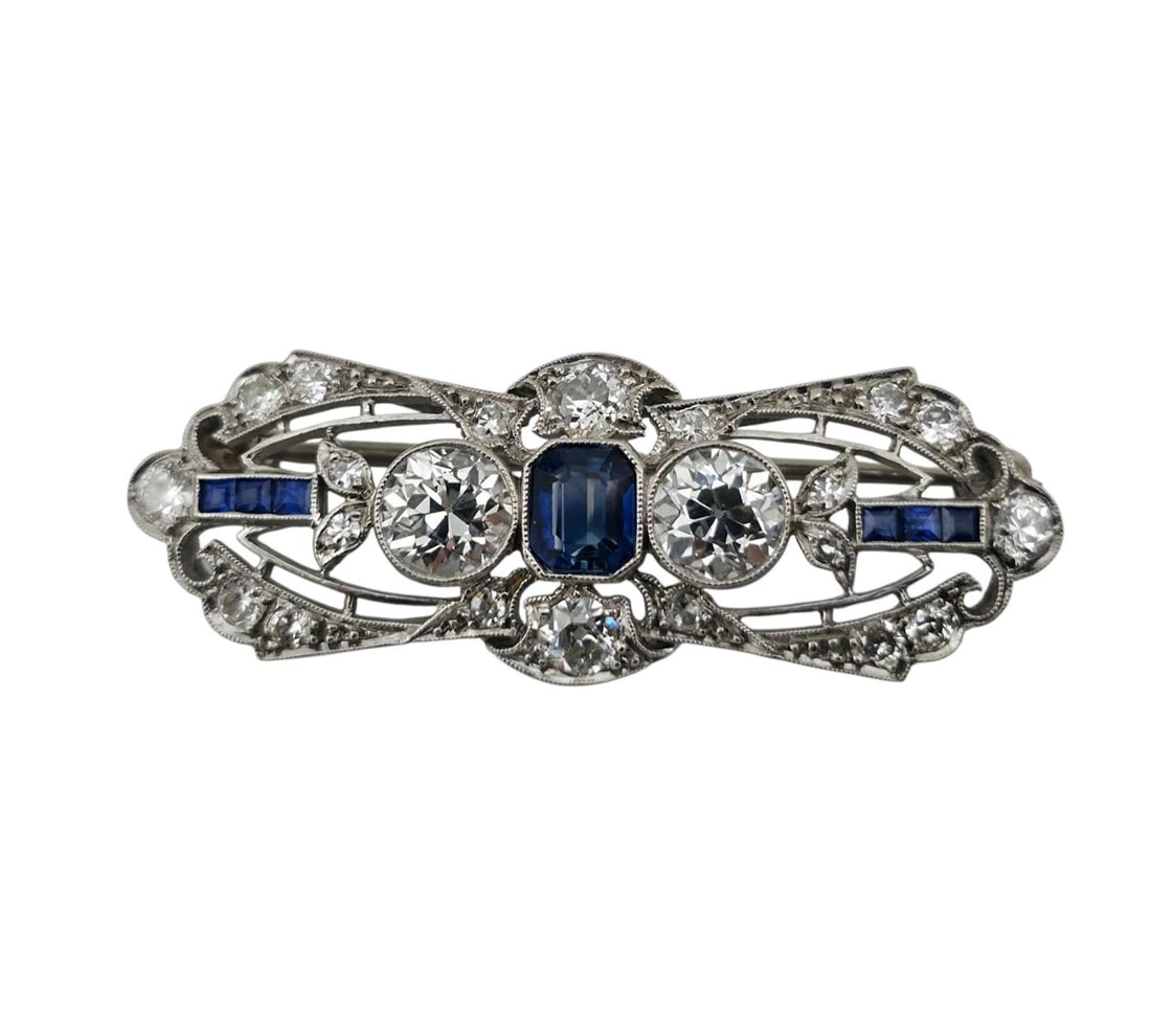 Brooch Platinum, Art Deco Platinum 1.50Ct Diamonds and Sapphire Brooch Diamond (Natural) (1 of 6)