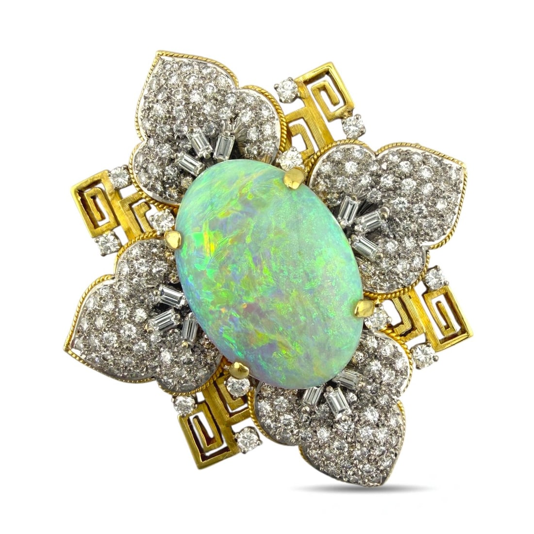 Brooch - 18 kt. Yellow gold, Exclusive 18K Yellow Gold Opal and 2.88ct Diamond Brooch - 2.88ct. tw.: Exclusive 18K Yellow Gold Opal and 2.88ct Diamond BroochThis striking brooch is crafted in 18K yellow gold and centers on a large oval-cut opal displaying beautiful play of color. Surrounding the opal