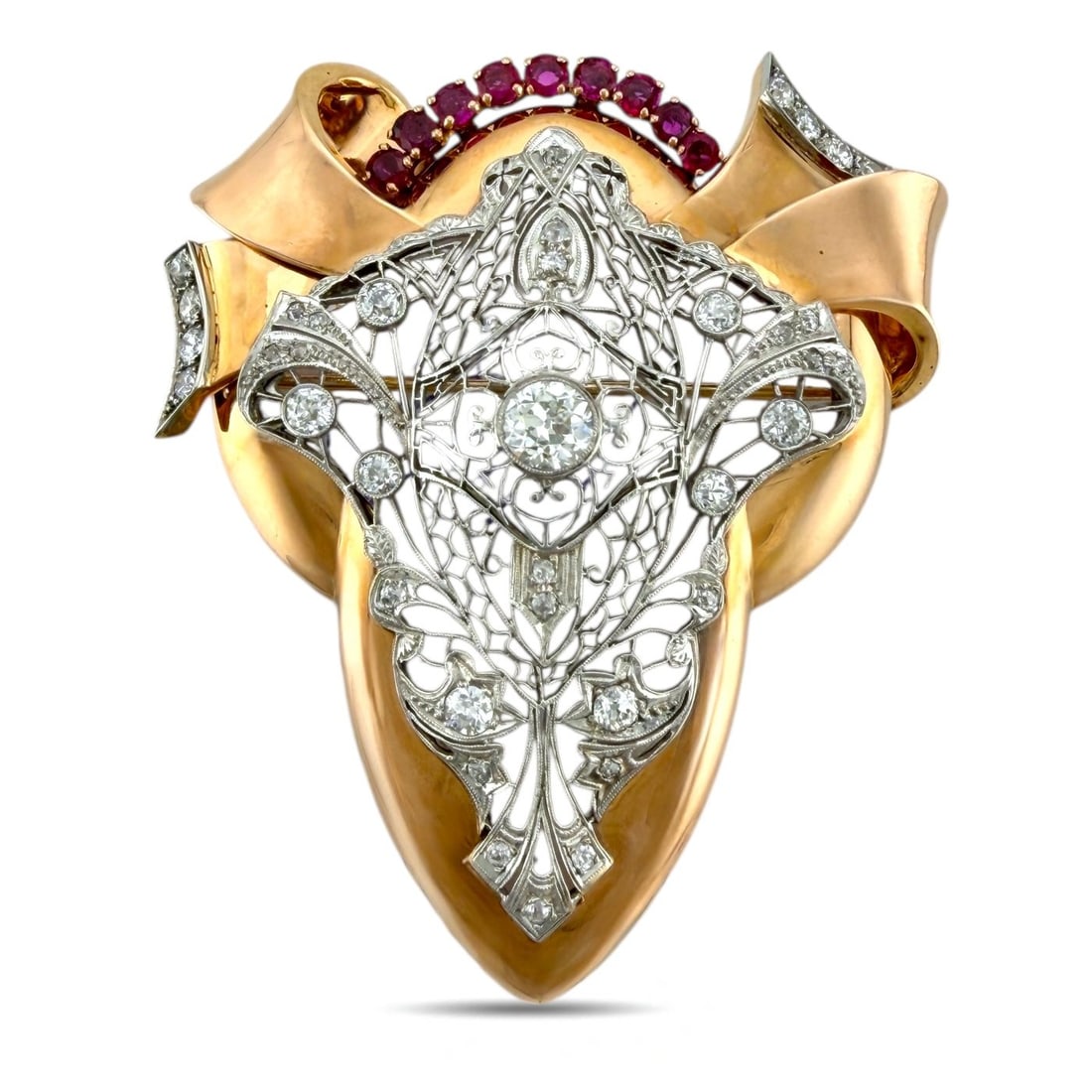 Brooch - 14 kt. Exclusive Art Deco 14K Rose Gold 3.10 Carats Diamond & 1.60 Carat Ruby Brooch and (1 of 6)