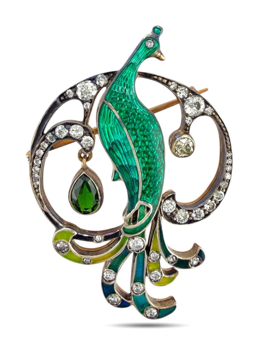 Brooch - 14 kt. Yellow gold, Imperial Russian Period, Gold, Enamel & Diamond Peacock Brooch (1 of 6)