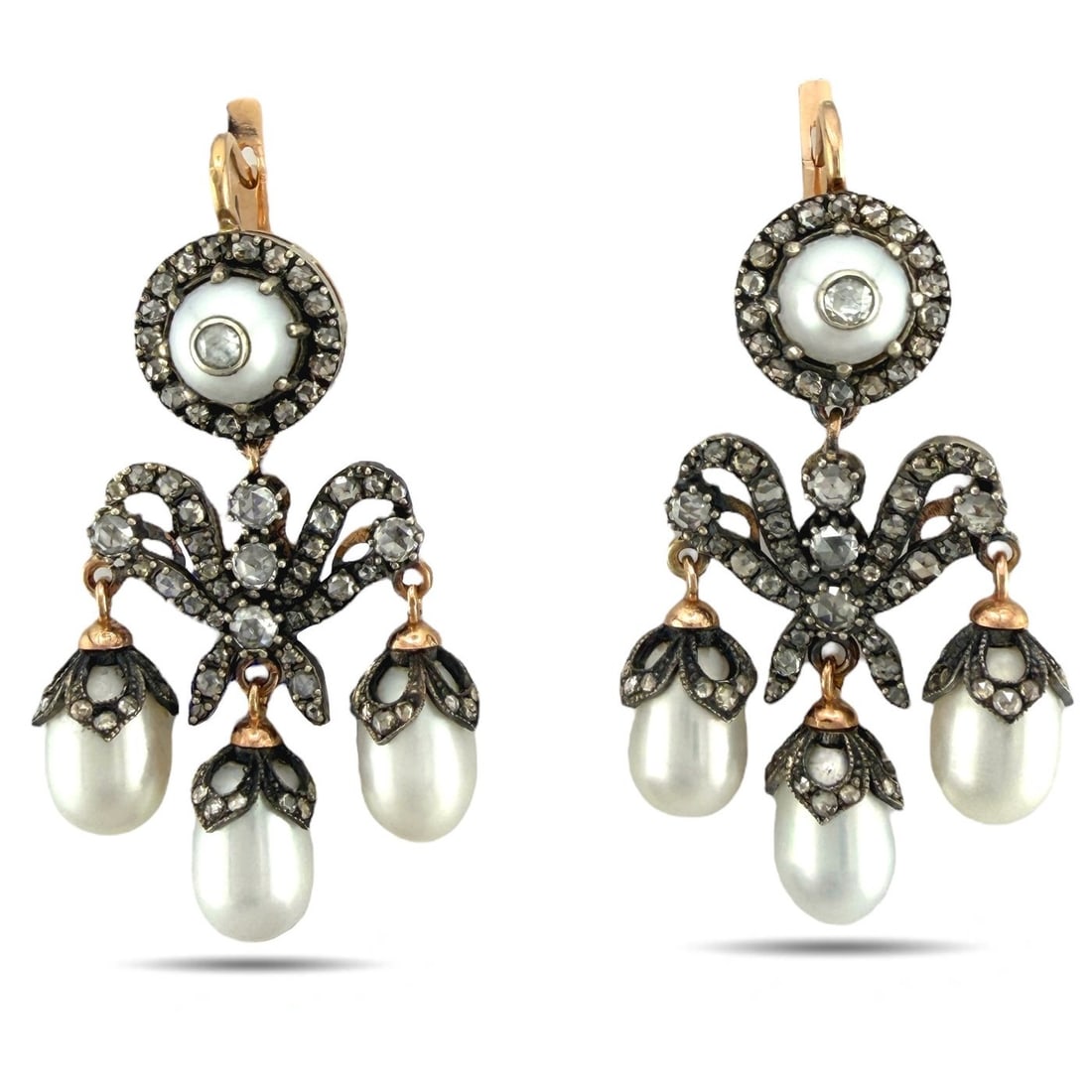 Faberge - Earrings - 14 kt. Faberge Imperial Russian Natural Pearl and 2.00ct Diamond Earrings, Rose (1 of 6)