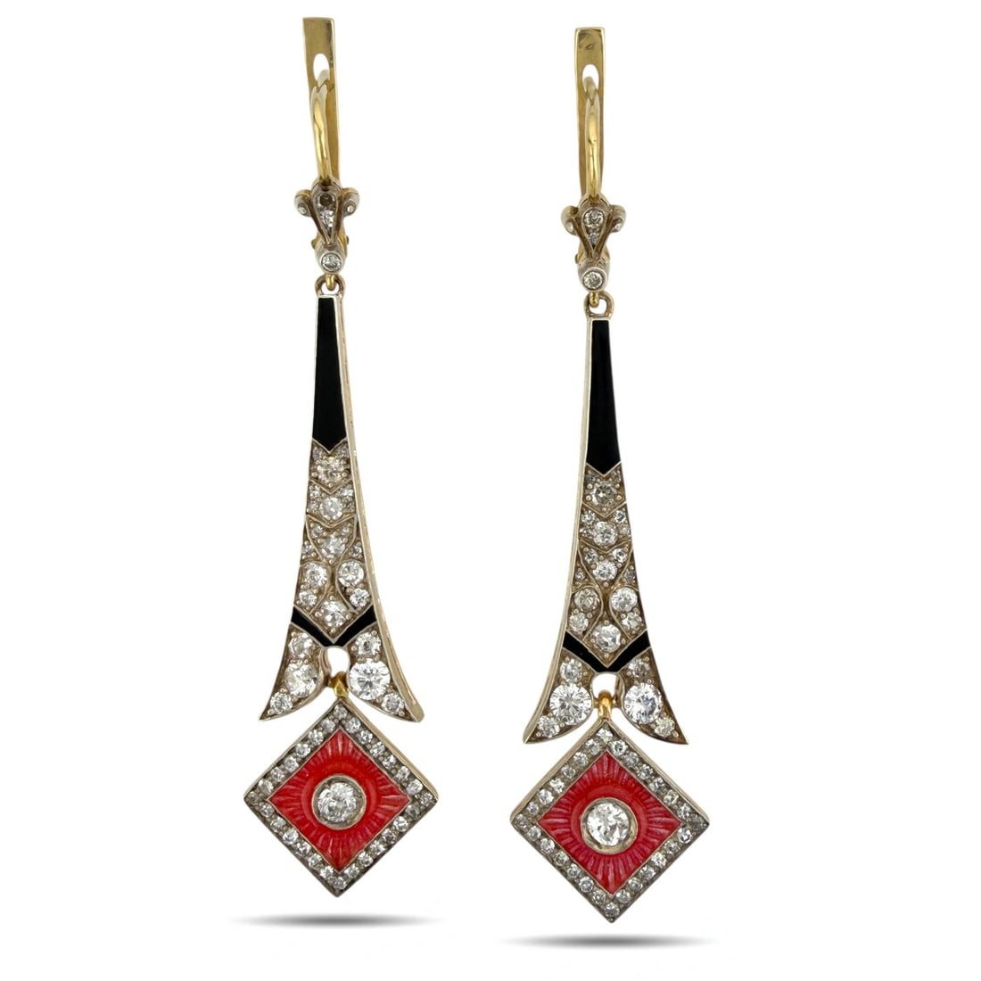 Earrings - 14 kt. Yellow gold - 2.31ct. tw. Diamond (Natural): Imperial Russian 56K Gold (14K) Enamel & 2.31 Carat Diamond Earrings, Circa 1900An extraordinary pair of Imperial Russian earrings, crafted circa 1900 in rich 56K (14K) gold, adorned with finely detai