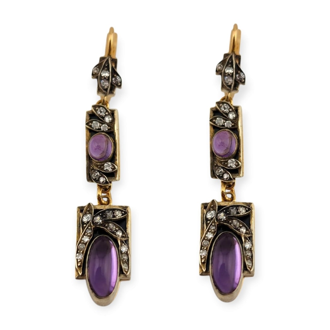 Earrings - 14 kt. Yellow gold, Antique Russian Gold, 1.50ct Diamond & Amethyst Earrings - (1 of 7)