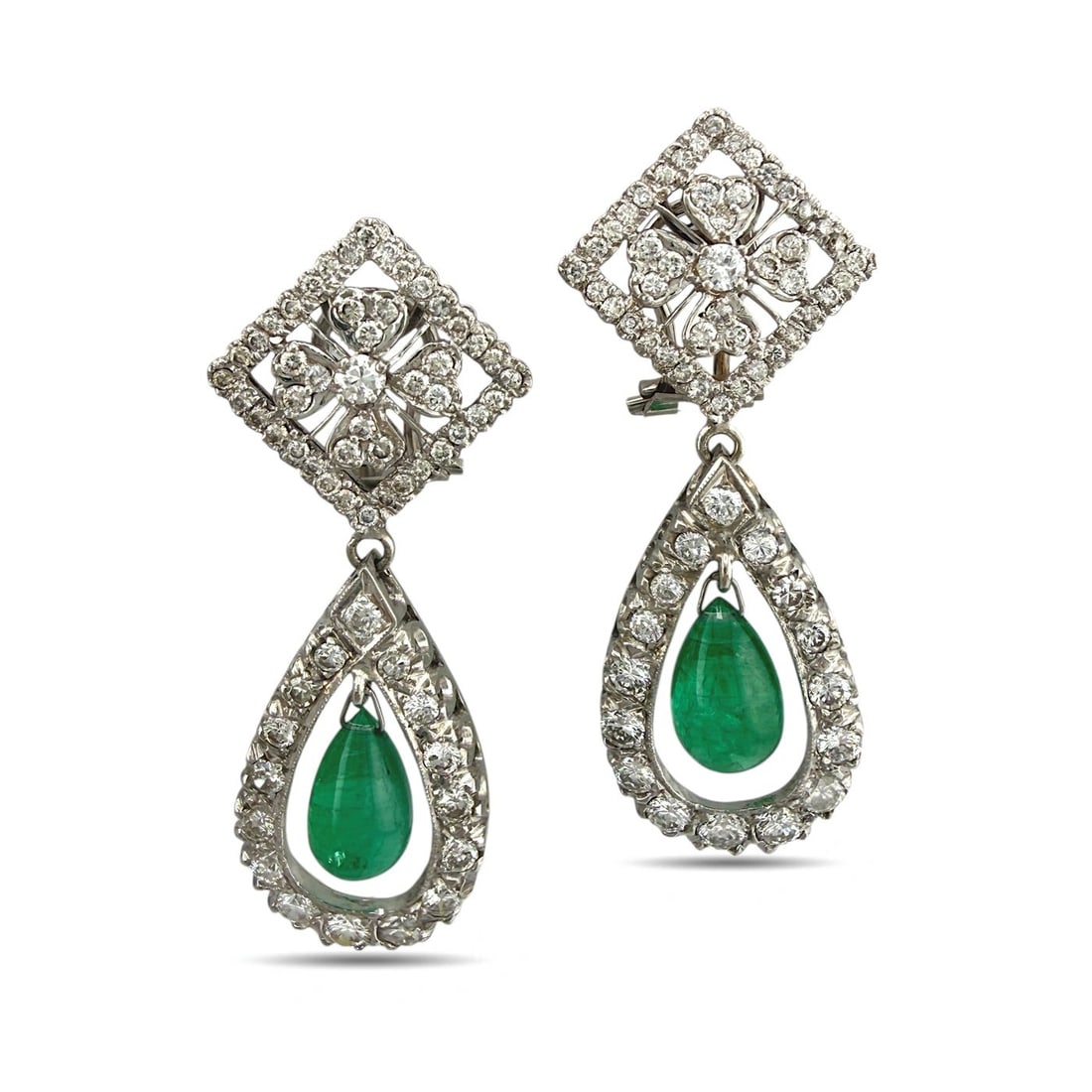 Earrings - 14 kt. Exclusive 14K White Gold 2.85ct Diamond & Emerald Dangle Earrings, White gold - (1 of 5)