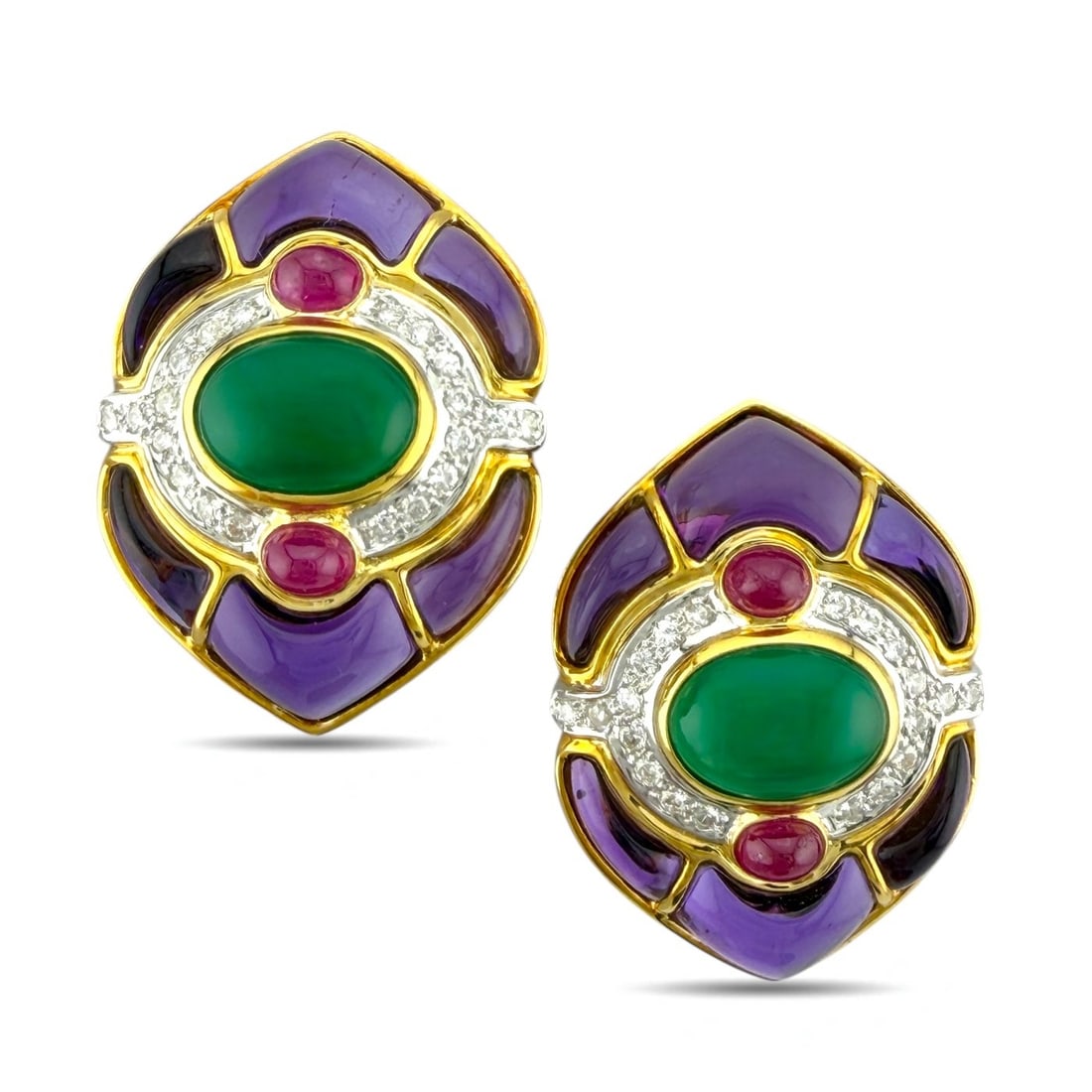 Earrings - 18 kt. Yellow gold, Exclusive 18K Yellow Gold 1.00ct Diamond, Emerald & Ruby Large (1 of 6)