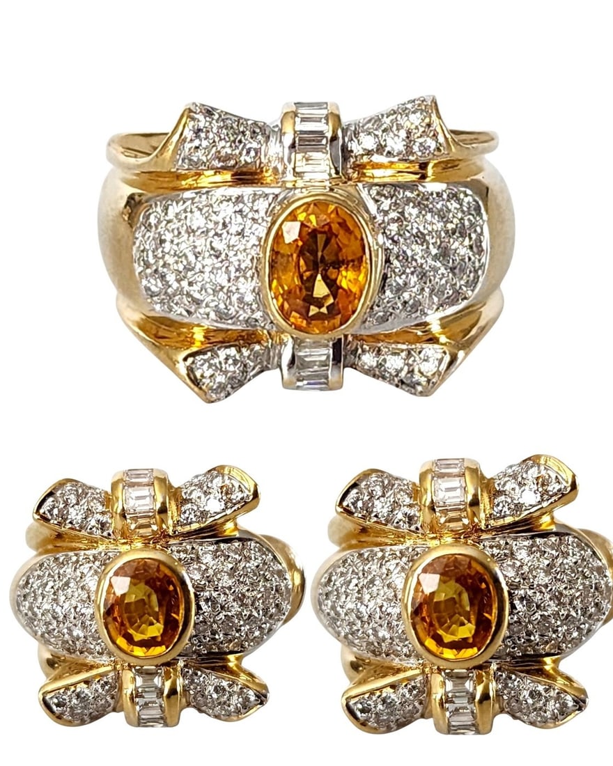 3 piece jewellery set - 18 kt. Yellow gold, Gorgeous 18K Gold Sapphire and 3.0 Ct Diamond Earrings (1 of 8)
