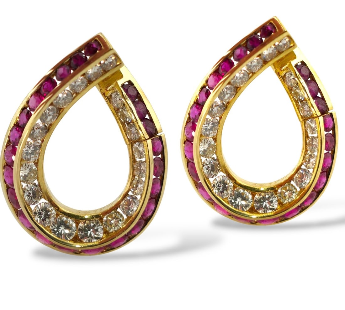 Earrings - 18 kt. Yellow gold, 18k Yellow Gold Diamond and Ruby Large Earrings Diamond (Natural) (1 of 6)