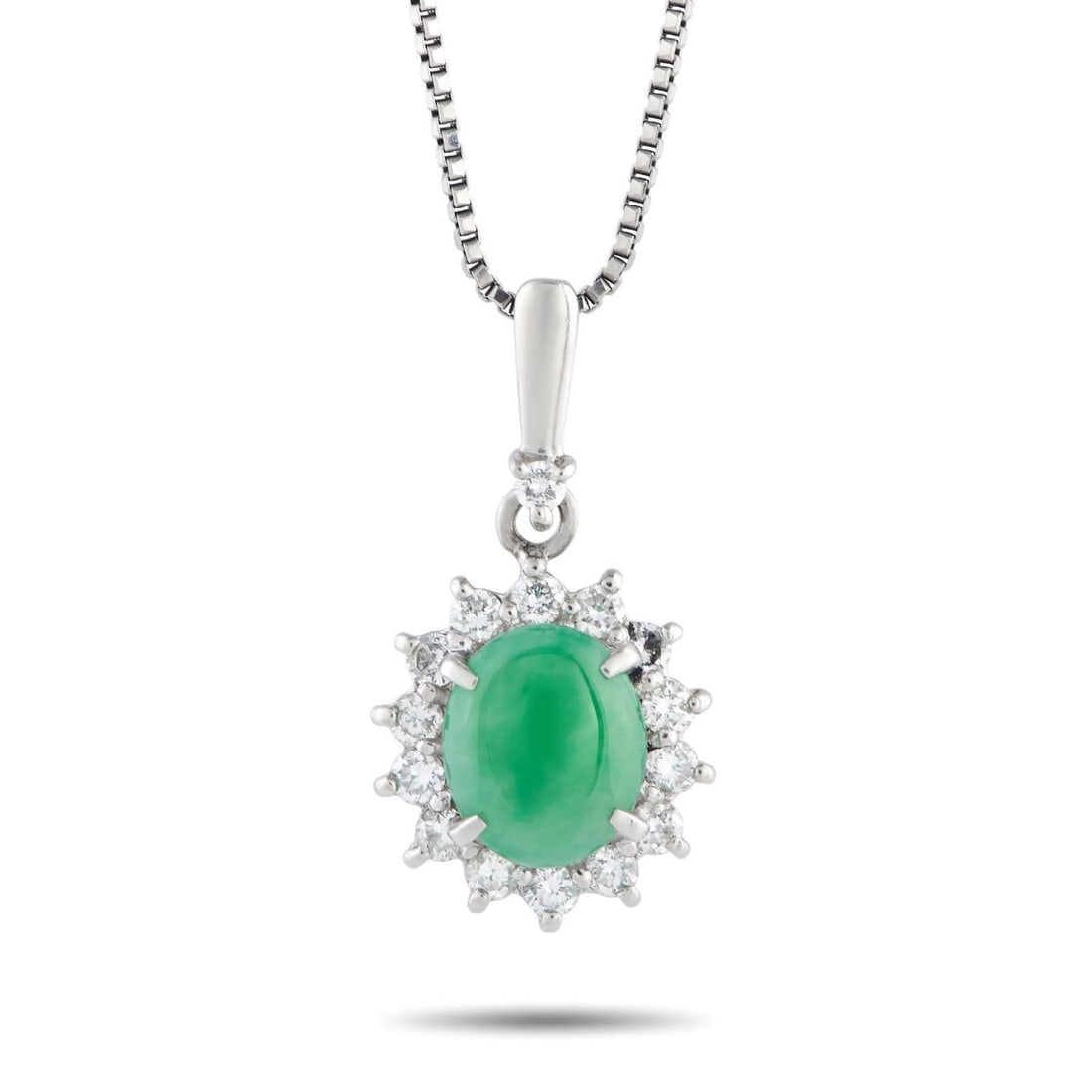 Necklace with pendant Platinum Jade - Diamond: EXCLUSIVEPlatinum 0.37ct Diamond and Jade Pendant NecklaceA 1.50 carat Jade cabochon makes a statement on this exquisite necklace. The captivating center stone is elevated by a halo of Diamonds with a
