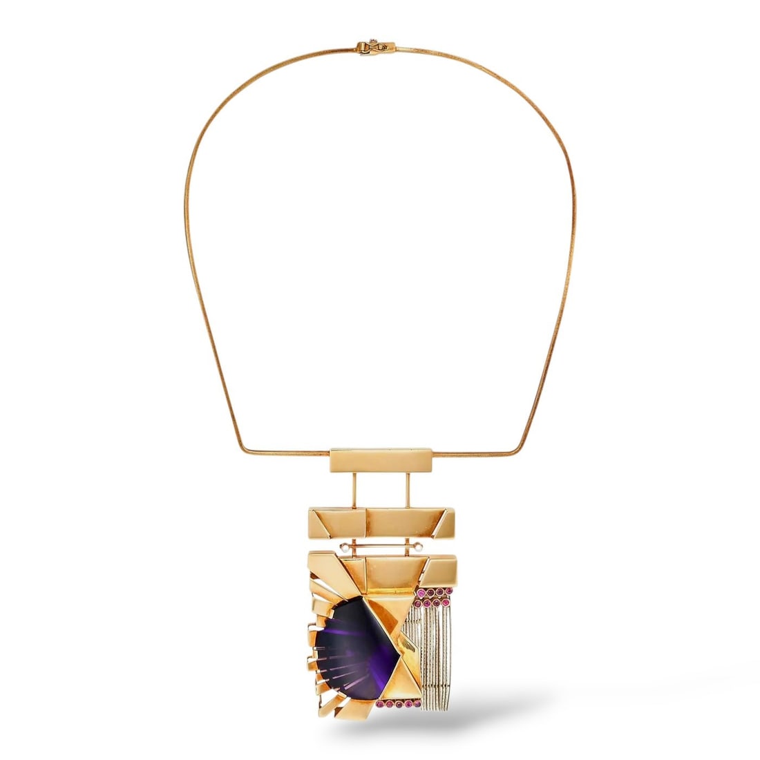 Necklace with pendant - 18 kt. Yellow gold, 18K Gold Vintage Ruby, Amethyst and Diamond Necklace: 18K Gold Vintage Ruby, Amethyst and Diamond Necklace Krauss Vintage Ruby, Amethyst and Diamond Necklace in 18ct yellow gold, the stylized toque necklace suspending a geometric pendant set with a