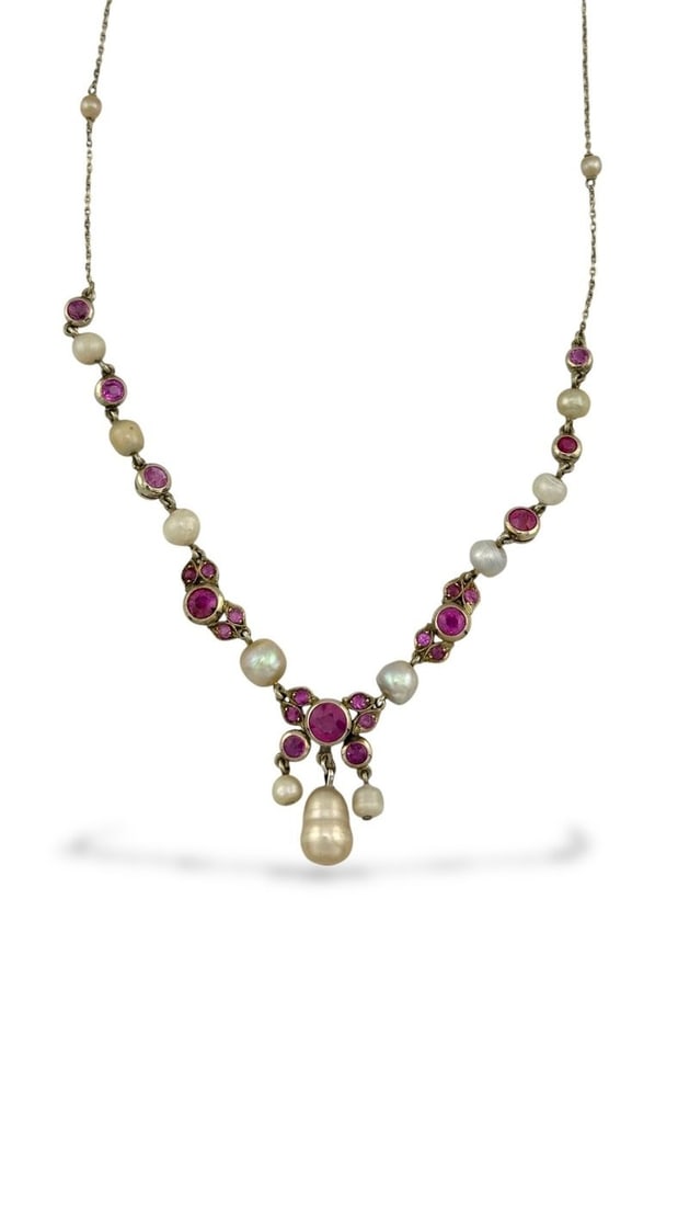 14 kt. 14K Gold Necklace with Natural Rubies & Pearls, White gold (1 of 6)