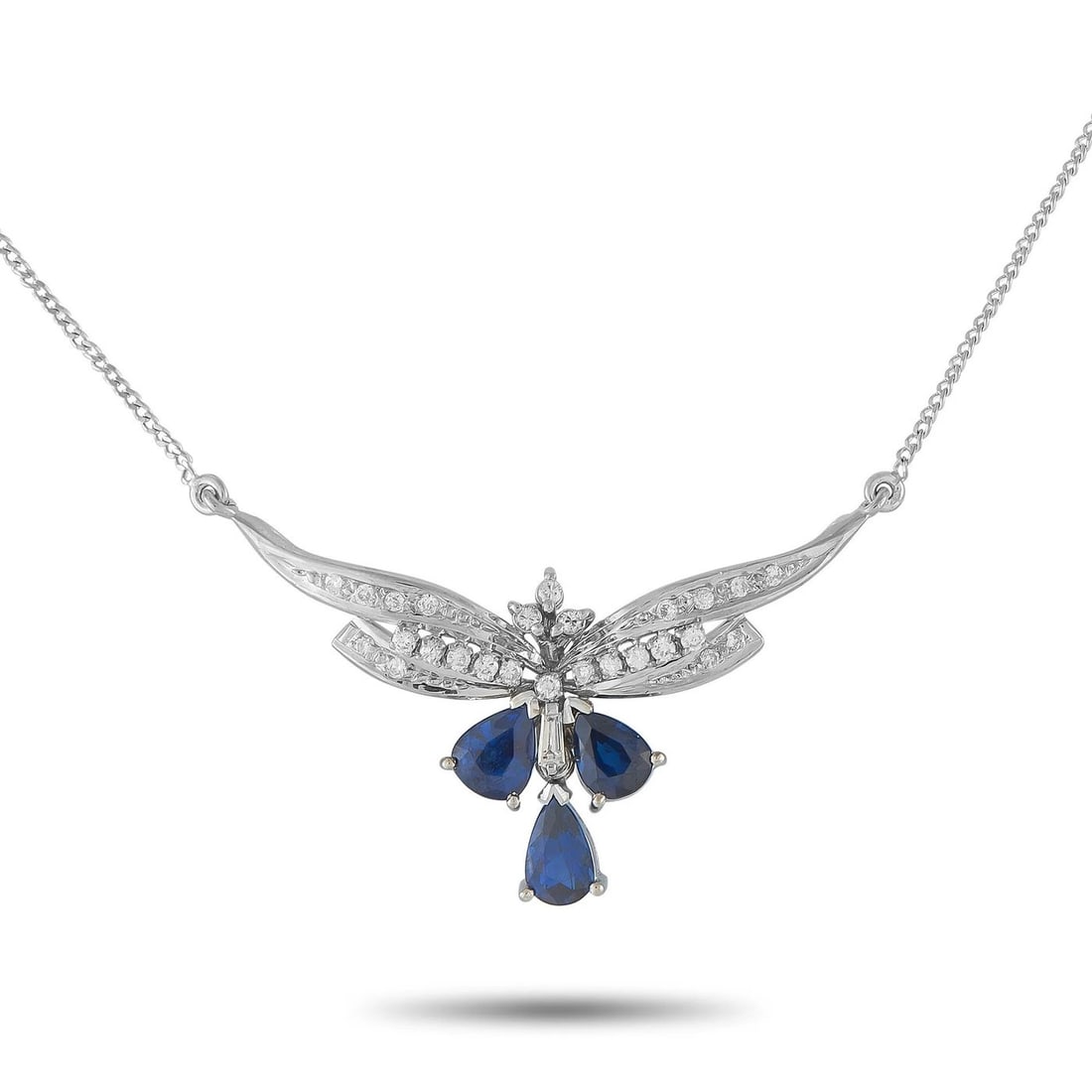 Necklace with pendant Platinum, Platinum Diamond and Sapphire necklace - 3.03ct. tw. Diamond: This necklace blends vintage grace with symmetrical Art Deco lines. It features undulating rows of diamonds that gently taper in size, creating a soft, ribbon-like silhouette. A trio of deep, velvety