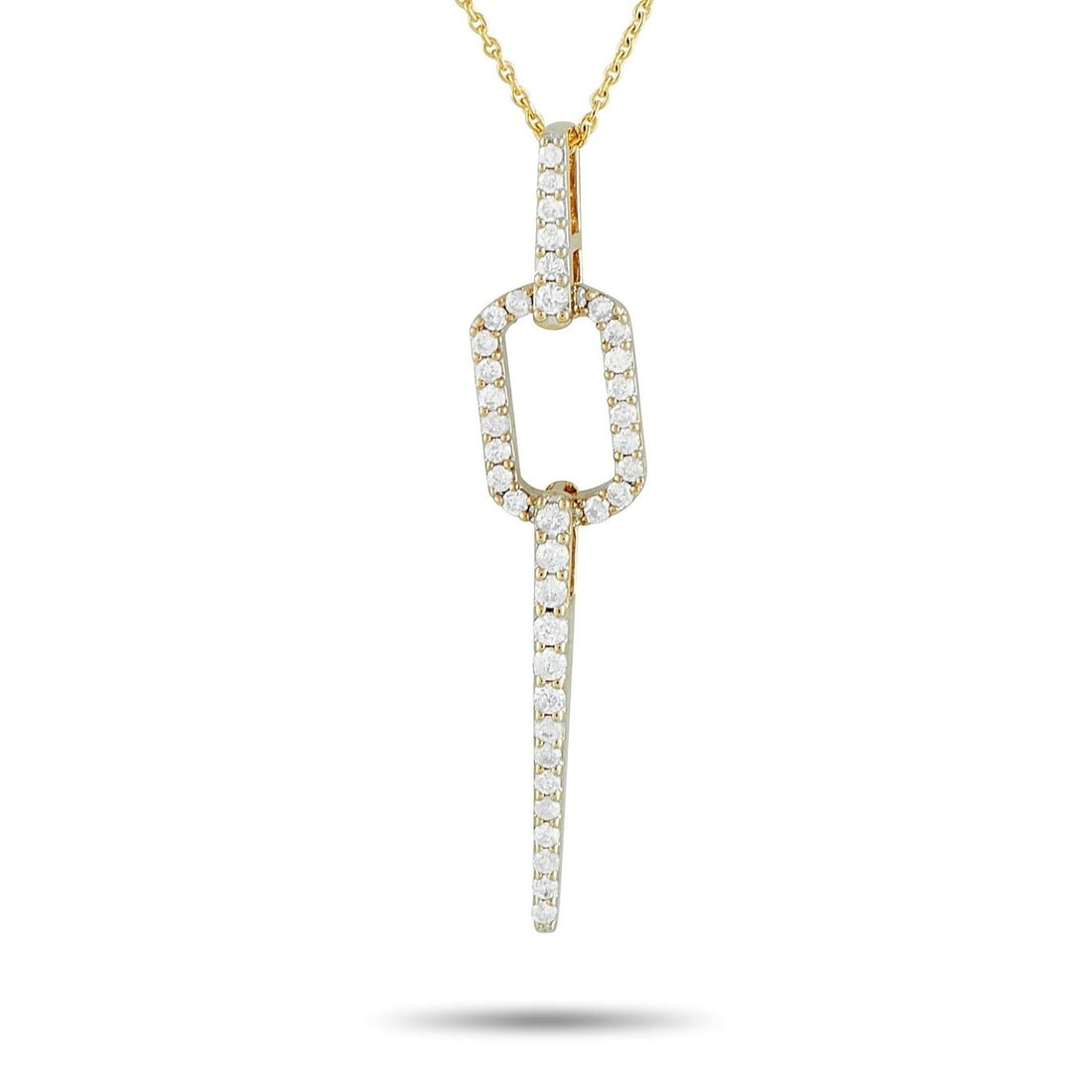 14 kt. Yellow gold - 0.25ct. tw. Diamond (Natural): 14K Yellow Gold 0.25ct Diamond Geometric NecklaceThis modern 14K yellow gold necklace features a pendant with a geometric flow. A short vertical line of subtly tapering round diamonds connects to an o