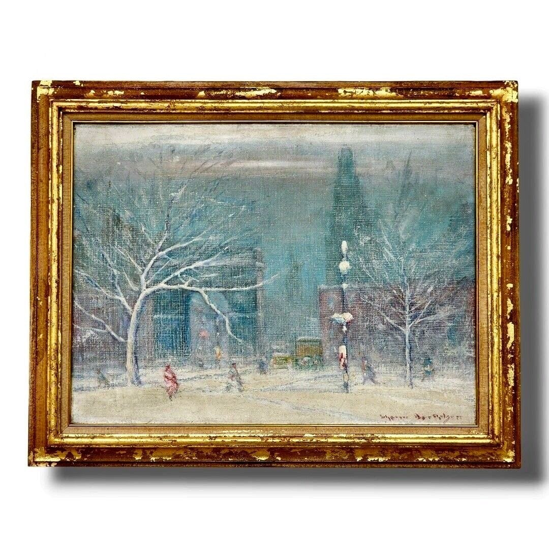 Washington Square Park in Winter: Johann Berthelsen (American , 1883-1972) Washington Square Park in WinterThis wonderful romantic painting depicts figures bustling along a Manhattan street during a snowstorm. Signed lower right. Joha