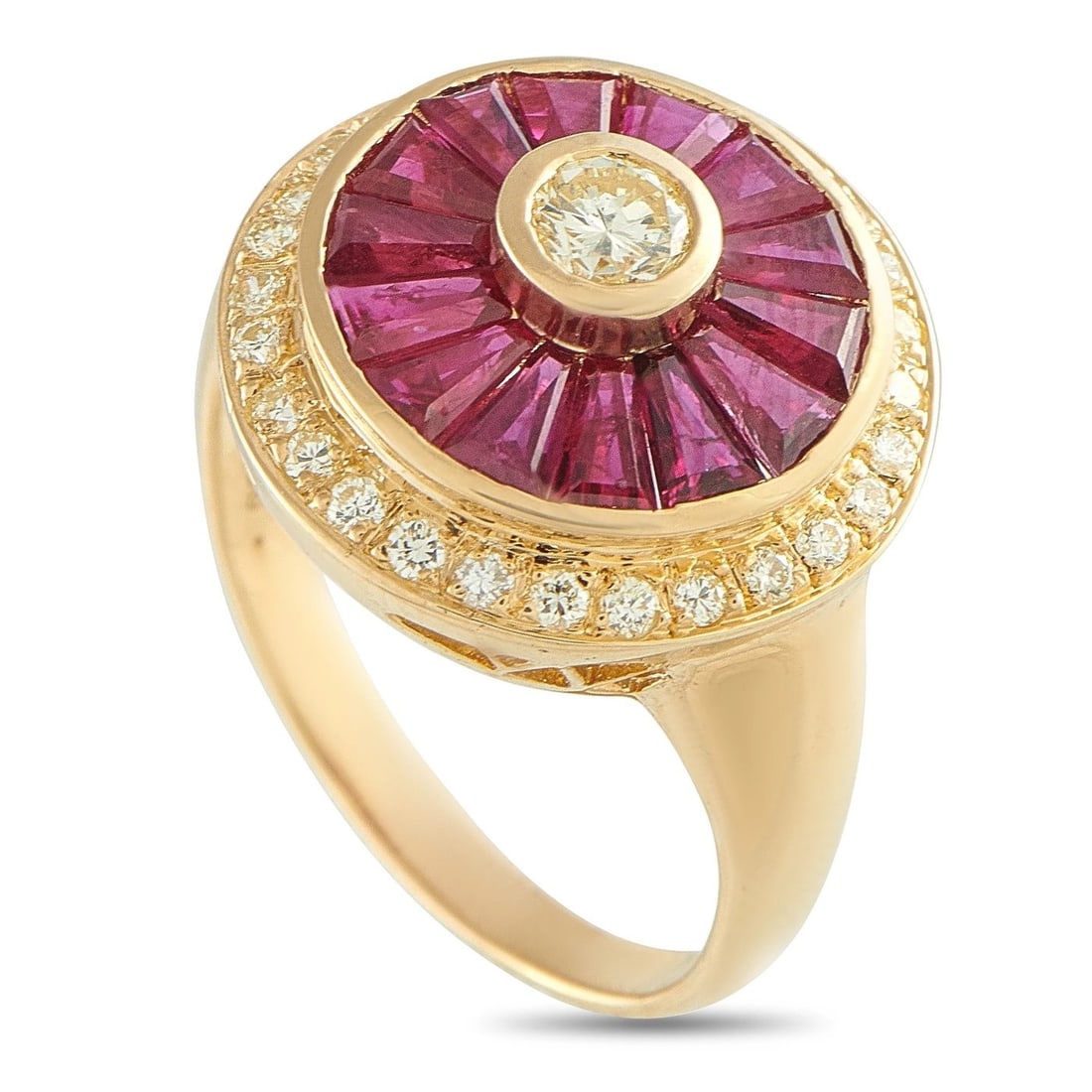18 kt. 18K Yellow Gold 0.68ct Diamond and 4.23ct Ruby Ring , Yellow gold - 4.91ct. tw. Diamond: 18K Yellow Gold 0.68ct Diamond and 4.23ct Ruby Ring A statement ring that celebrates the allure of contrast, this 18K yellow gold ring features a tiered, disc-like centerpiece that makes a striking im