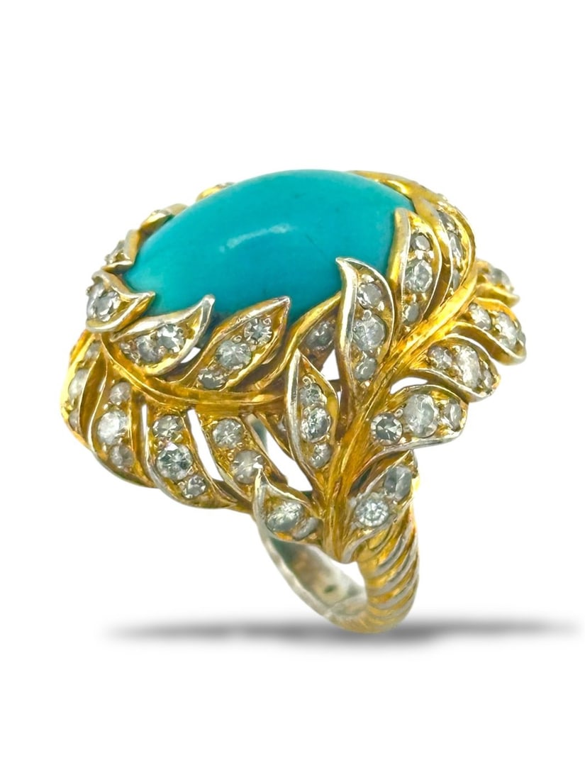 18 kt. White gold, Yellow gold, Two-Tone 18K Yellow and White Gold Ring with Turquoise and 3.00 (1 of 9)