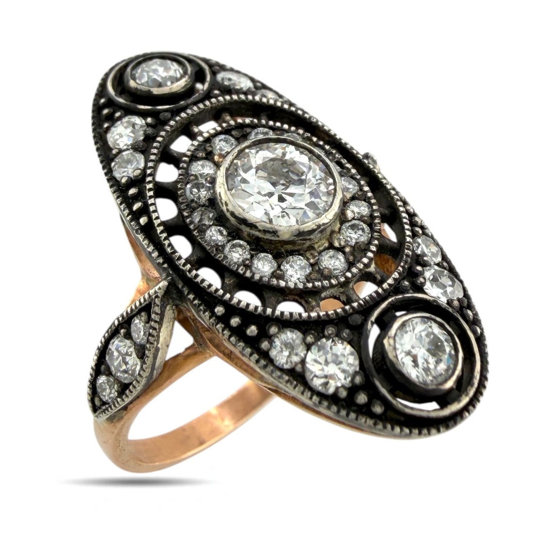 14 kt. White gold, Yellow gold, Antique Imperial Russian 56k (14K) Rose Gold & 1.50ct Diamond: Antique Imperial Russian 56k (14K) Rose Gold & 1.50ct Diamond RingA magnificent antique Imperial Russian diamond ring crafted in 56k (14k) yellow gold, bearing clear Imperial Russian assay and workmas