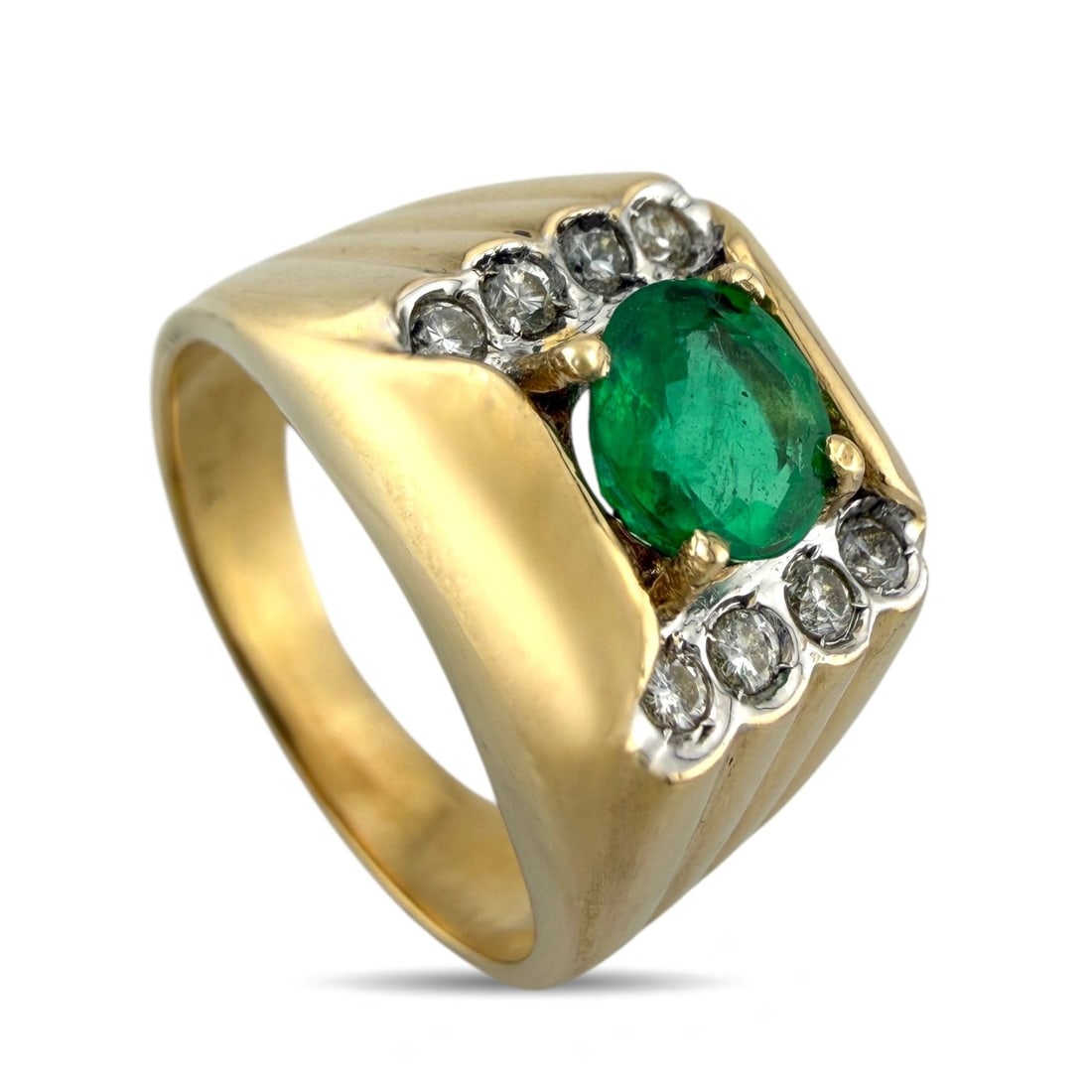 14 kt. Yellow gold, 14K Yellow Gold 0.64ct Diamond and 2.33ct Emerald Ring - 2.97ct. tw. Diamond: 18K Yellow Gold 0.64ct Diamond and 2.33ct Sapphire Ring A trio of colorful Sapphire gemstones totaling 2.33 carats make this radiant ring endlessly charming. On each side of the sleek 18K Yellow Gold