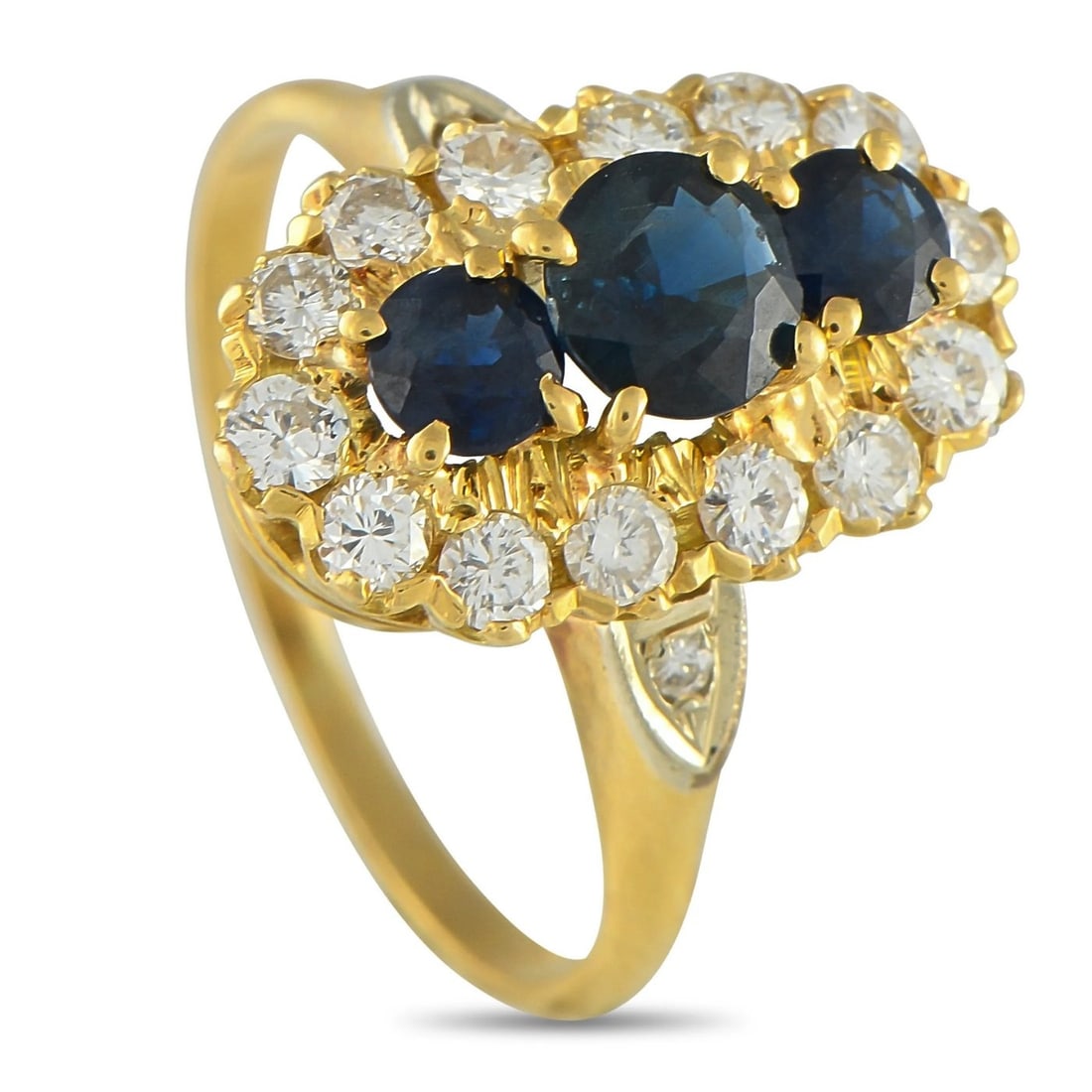 18 kt. Mikimoto 18K Yellow Gold 0.42ct Diamond and Sapphire Ring, Yellow gold - 1.42ct. tw. Diamond: 18K Yellow Gold 0.42ct Diamond and Sapphire Ring At the center of the 18K Yellow Gold setting, a trio of Sapphire gemstones with a total weight of 1.0 carats provide a stylish pop of color. A sparklin
