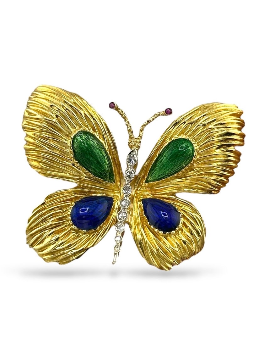 18 kt. Yellow gold, Exclusive Vintage 18K Yellow Gold Enamel, 0.17ct Diamond & Ruby Butterfly (1 of 6)