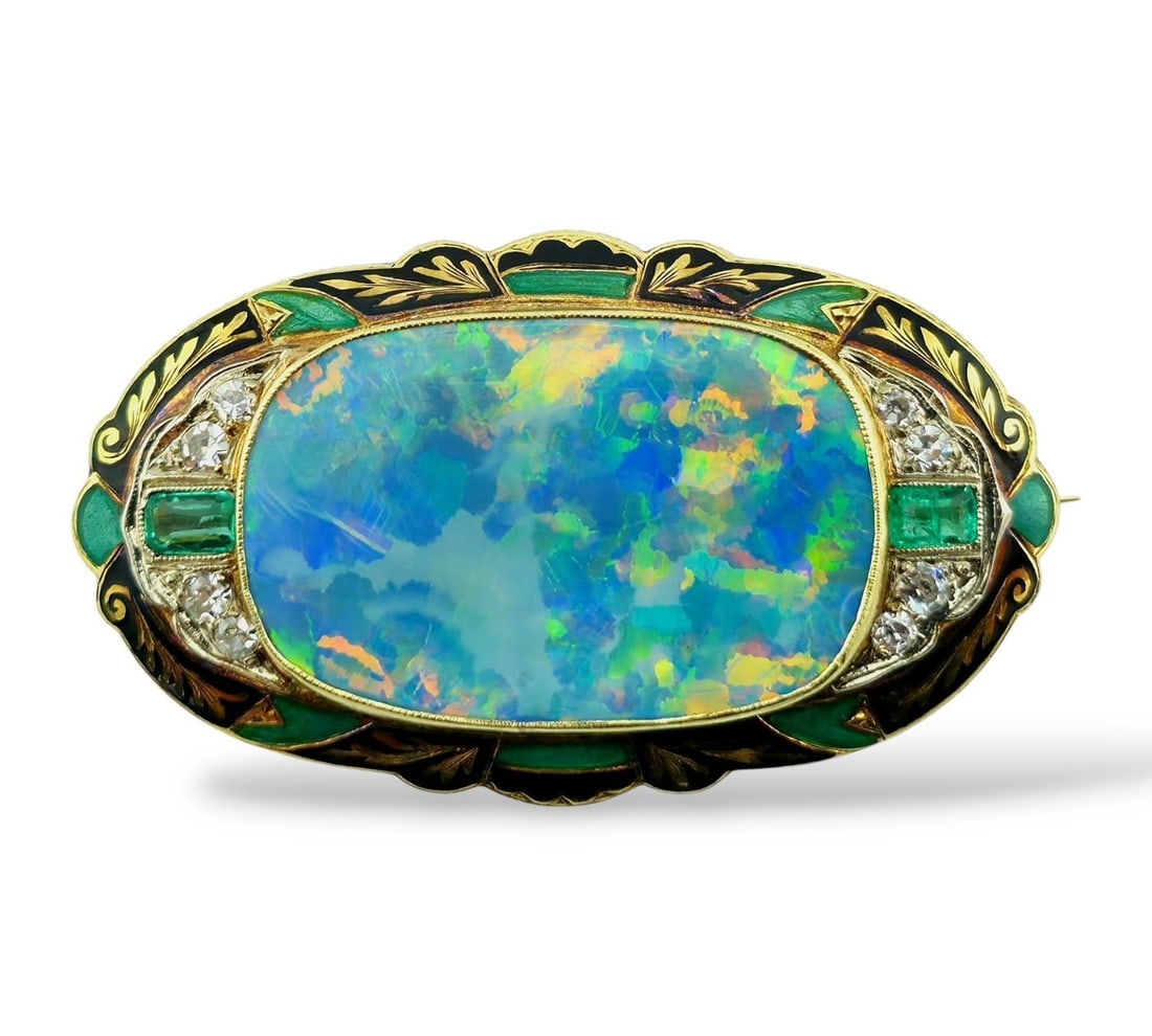 14 kt. Yellow gold, Antique 14K Yellow Gold Large Black Opal Brooch with Diamonds & Emeralds Diamond (1 of 6)