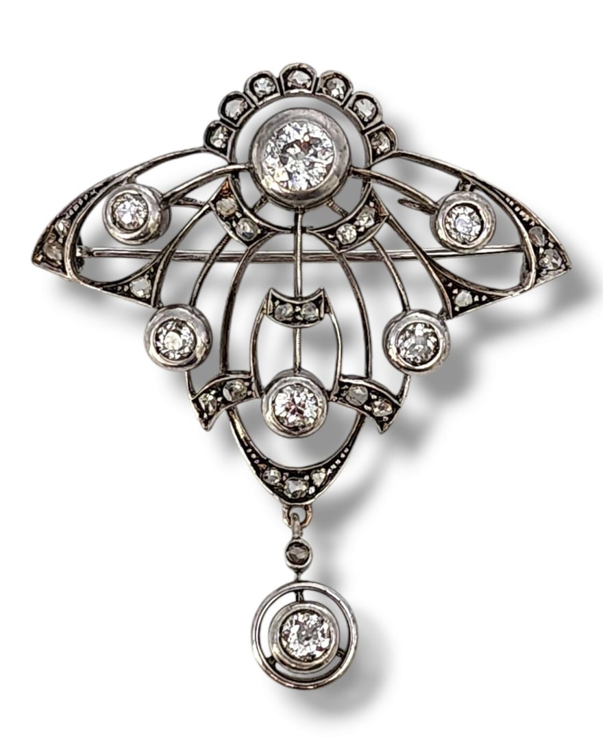 14 kt. White gold, 19th Century Antique Gold and Diamonds Women's Brooch, 2.56 Ct - 2.56ct. tw. (1 of 6)