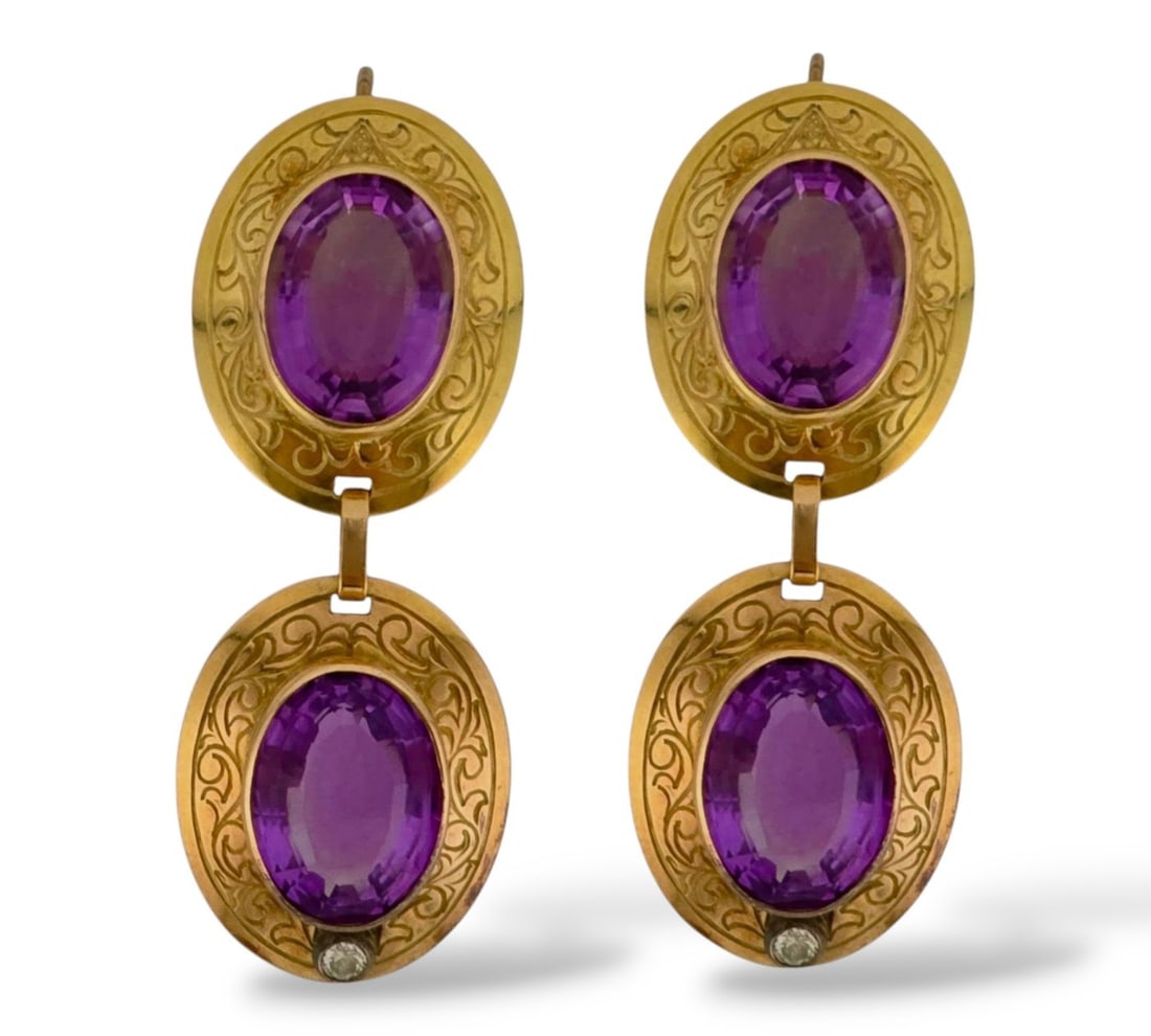 14 kt. Yellow gold, Antique Diamond and Regal Amethyst Oval Earrings in 14K Gold Amethyst (1 of 7)