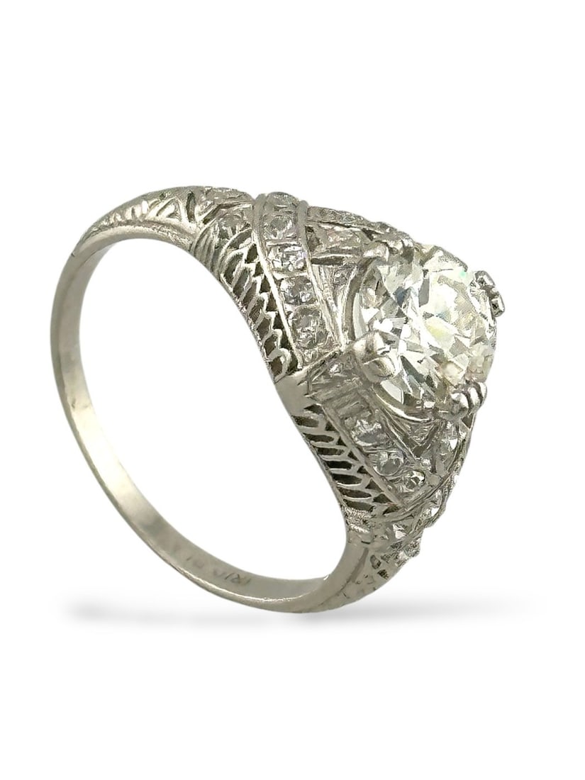 Ring Platinum, Platinum Ring with 1.35 Carat Old European Diamond and Antique Cut Accents - 1.35ct. (1 of 7)