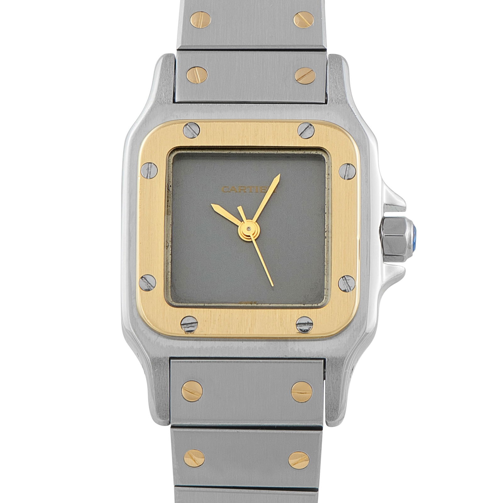 Cartier Santos Carrée Gray Ghost Dial Two-Tone Watch 0902: An icon of the 1980s, this Santos Carrée stands apart for its rare “ghost” dial. The surface is rendered in soft gray with only a faint Cartier signature, allowing the branding to disappear a