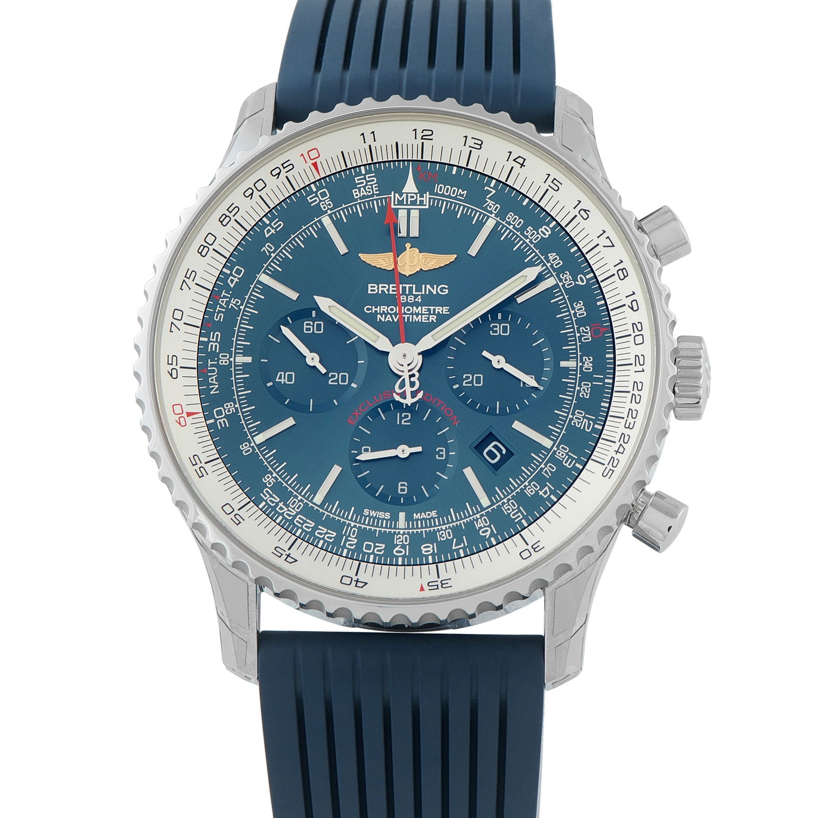 Breitling Navitimer 01 Exclusive Edition Steel Watch AB01274A/CA14: A boutique-only exclusive, this Navitimer ref. AB01274A/CA14 distinguishes itself from the standard production models through its striking aurora blue dial. This deep, sunray blue base carries a trio