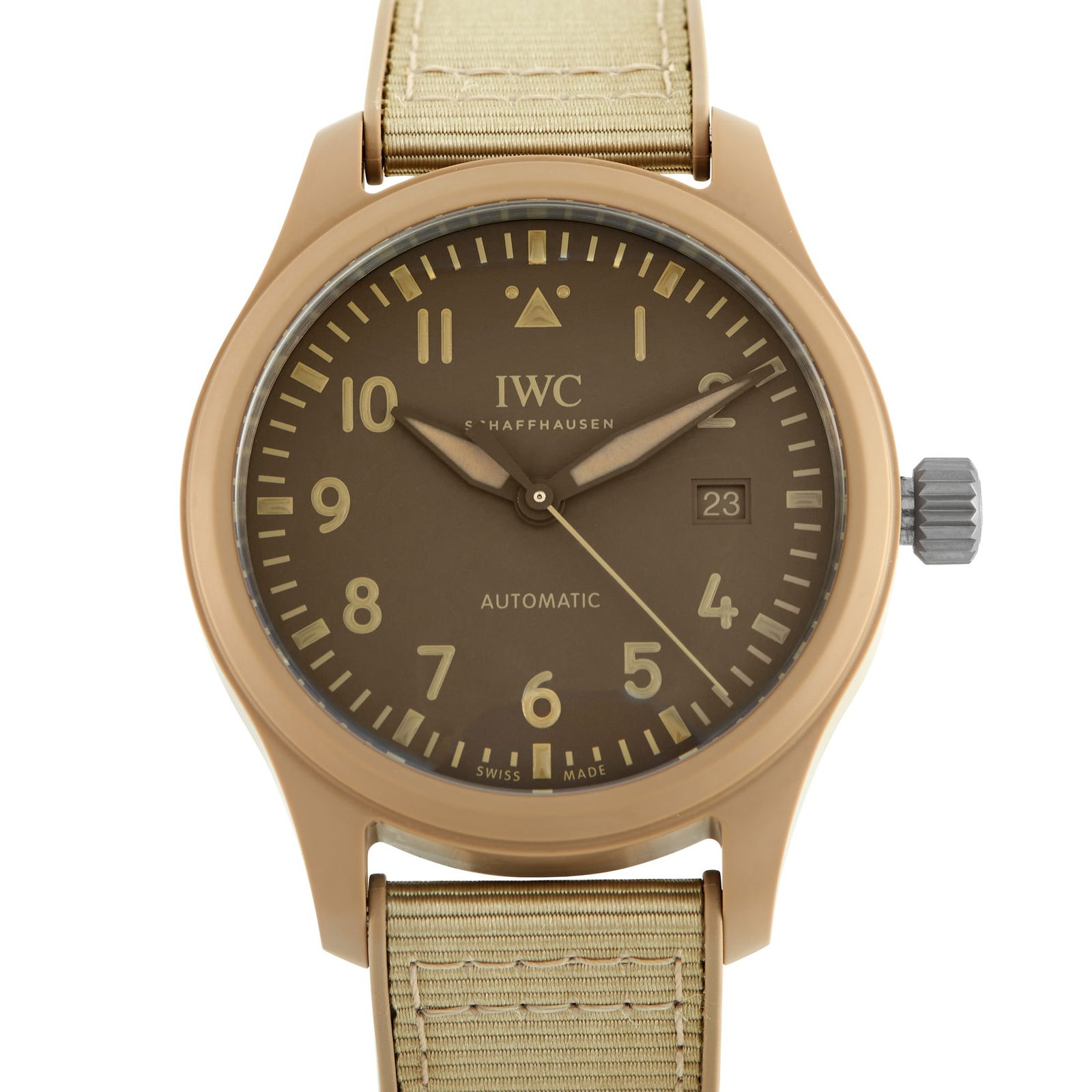 IWC Pilot’s TOP GUN Mojave Desert Ceramic Watch IW328106: Calibrated to the desert, this sand-colored ceramic Pilot’s Watch belongs to the IWC TOP GUN lineage. The tone mirrors the Mojave Desert flight suits worn by naval aviators. At 41mm, the case is lig
