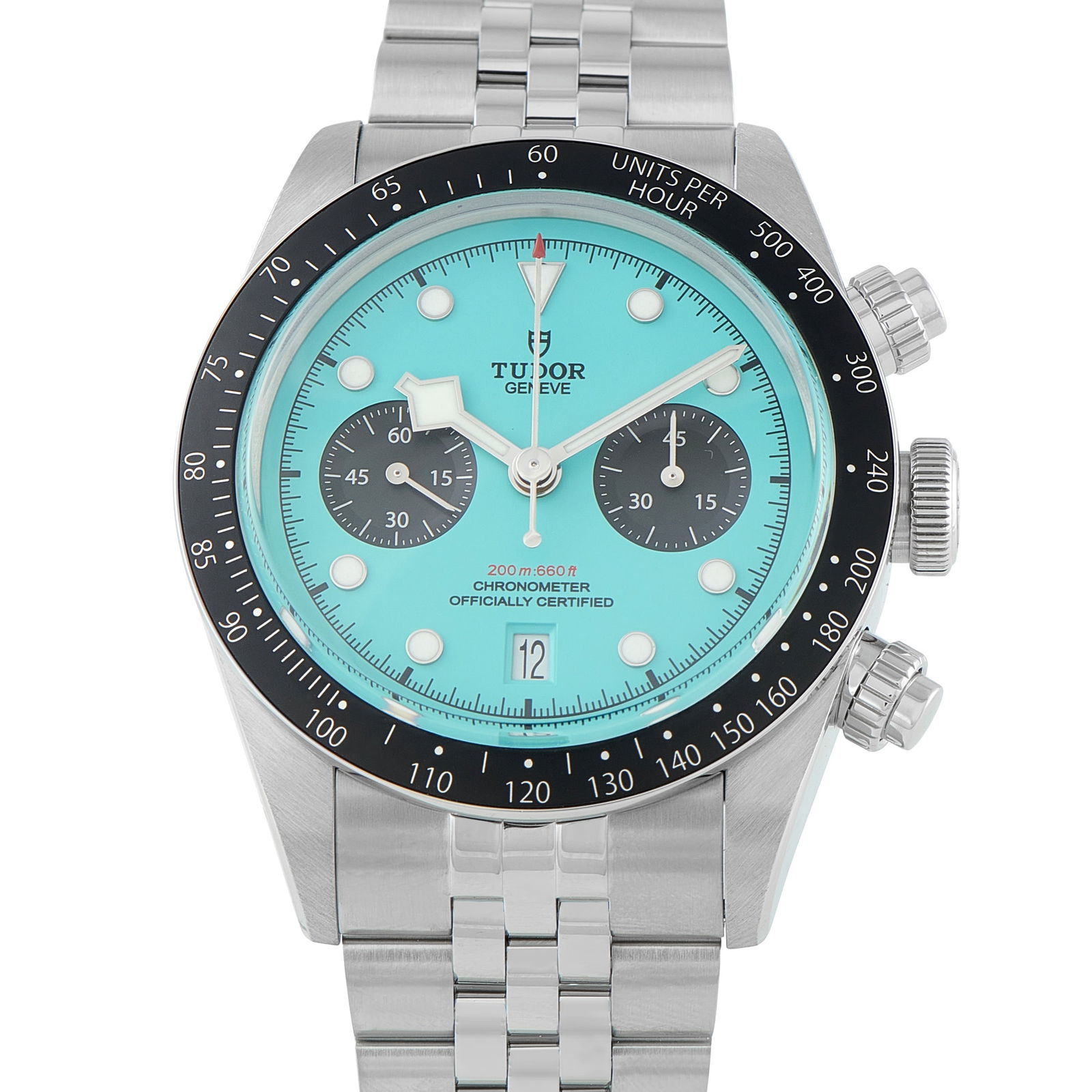 Tudor Black Bay Chrono Turquoise Dial Steel Watch 79360: Bright and unapologetically modern, the ref. 79360n-0024 with a Flamingo Blue dial shifts the Black Bay Chrono into new territory. Against its cool turquoise surface, the black subdials stand out with