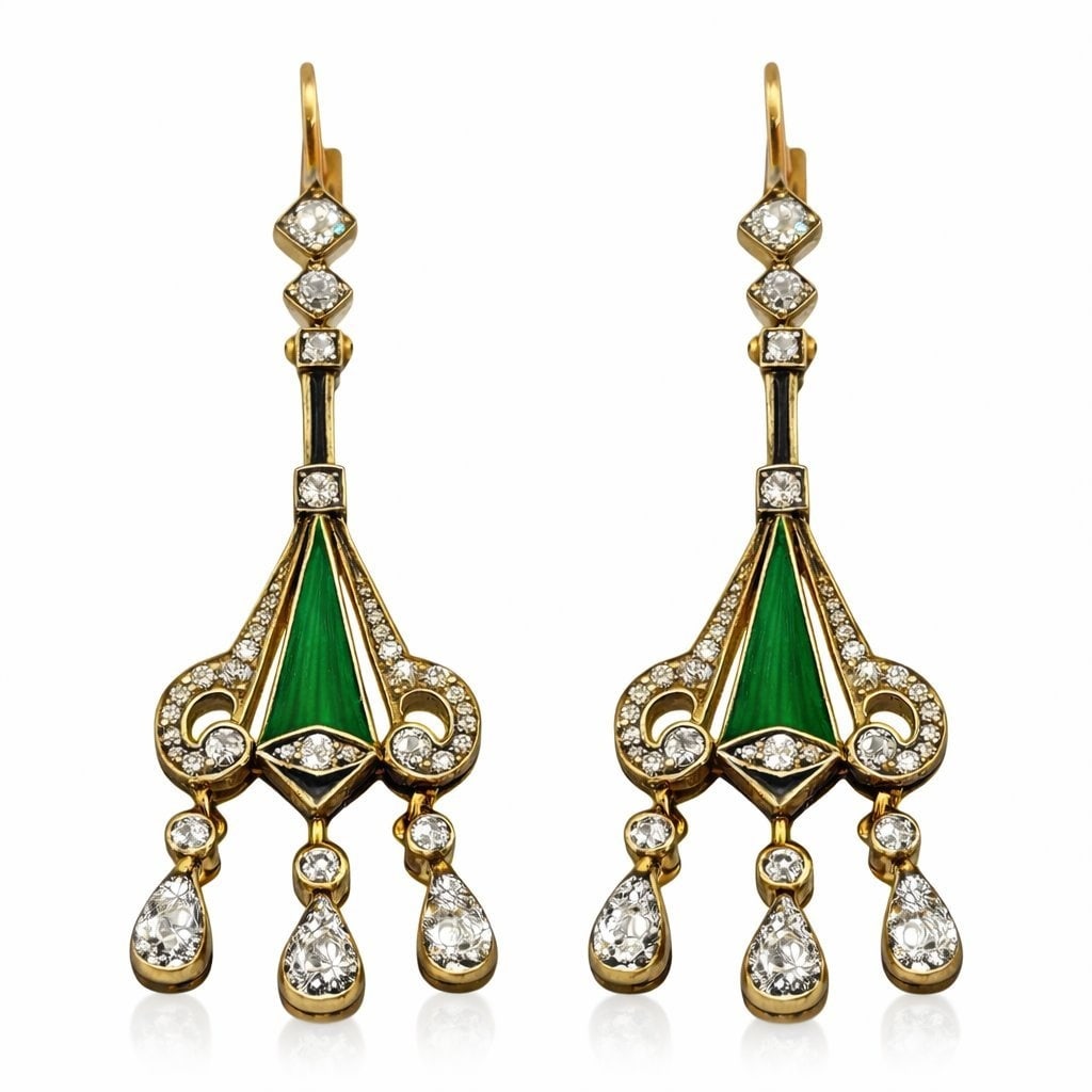Antique Art Deco 2.0ct Diamond & Green Enamel Earrings - 2.0ct. tw. Diamond: Imperial Russian Antique Art Deco 2.0ct Diamond & Green Enamel EarringsA magnificent pair of Imperial Russian Art Deco earrings crafted in 56 zolotnik gold (equivalent to 14K gold), beautifully adorne