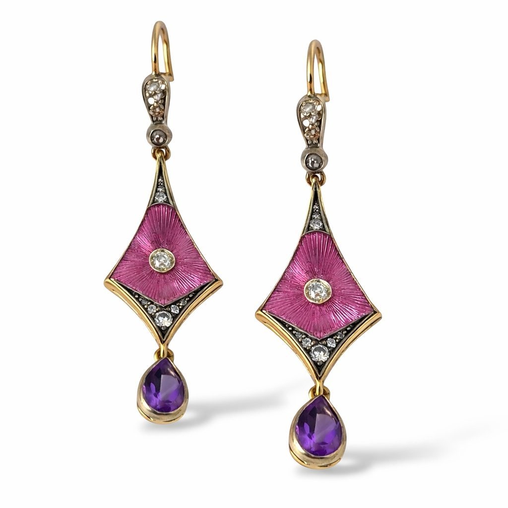 Antique Russian 56k Gold (14k) & Diamond Earrings Circa 1900 (1 of 5)