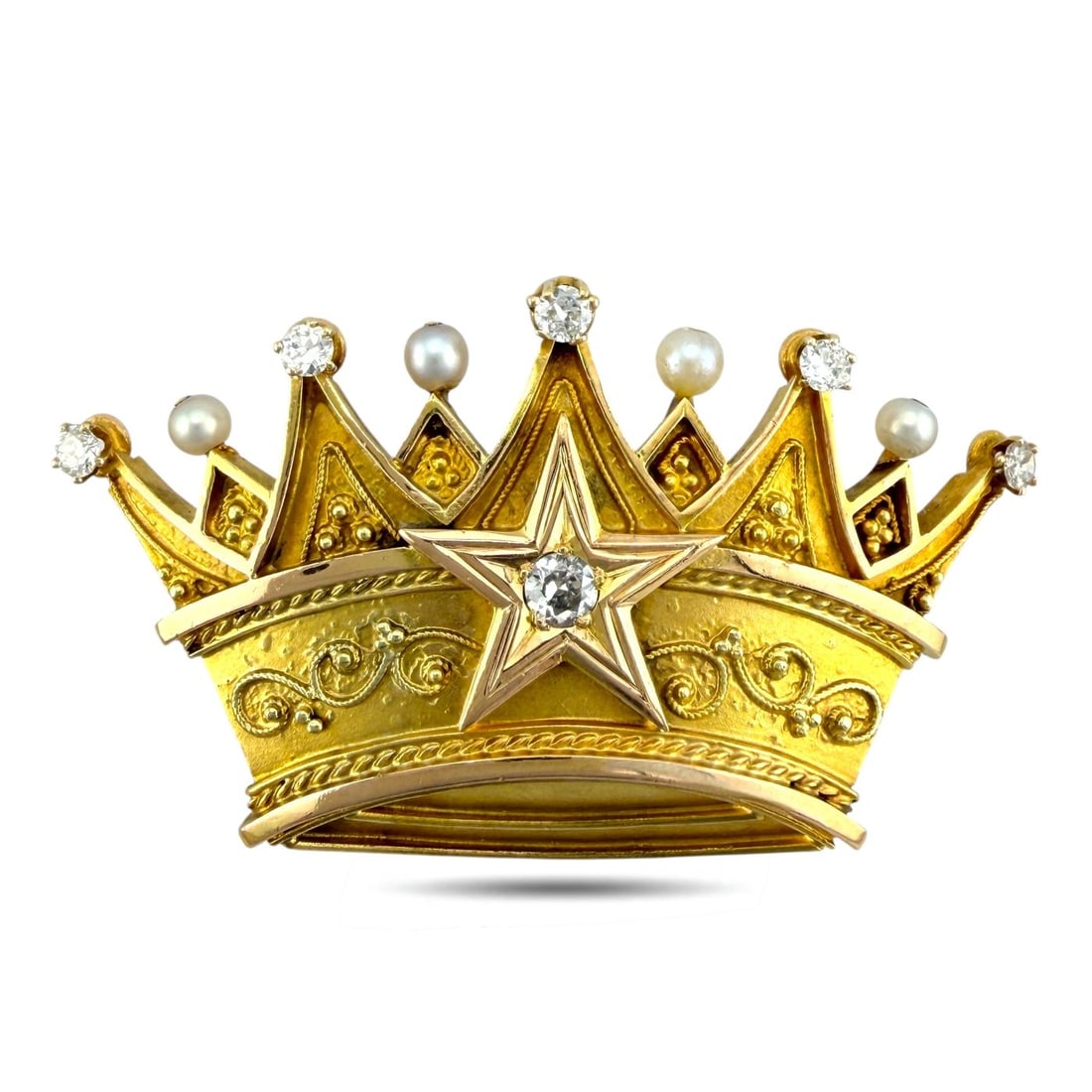 14K Yellow and Rose Gold 0.50ct Diamond Crown Brooch, Rose gold - 0.50ct. tw. Diamond (Natural): Exclusive 14K Yellow and Rose Gold 0.50ct Diamond Crown BroochA regal and finely crafted crown brooch designed in a harmonious combination of 14 karat yellow and rose gold. The dual tone gold