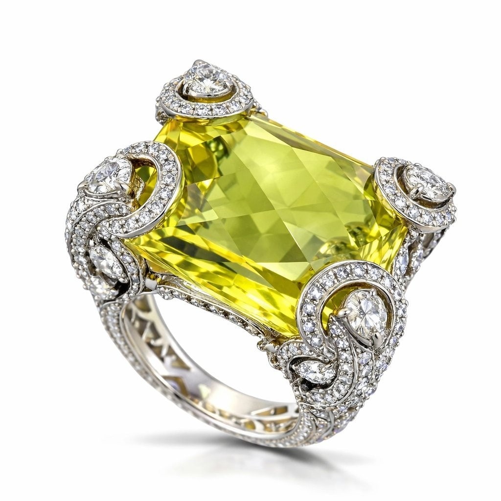 18K White Gold 15.00ct Lemon Quartz and 2.00ct Diamond Cocktail Ring, White gold - 17.00ct. tw.: Exclusive 18K White Gold 15.00ct Lemon Quartz and 2.00ct Diamond Cocktail RingA bold and radiant statement ring centered by a beautifully proportioned rectangular cut lemon quartz, secured by