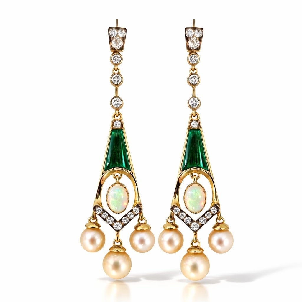 Imperial Russian 56 Gold (14K) Diamond & Green Enamel Drop Earrings - 1.50ct. tw. Diamond (Natural): Imperial Russian 56 Gold (14K) Diamond & Green Enamel Drop EarringsAn elegant pair of Imperial Russian drop earrings crafted in 56 gold (14K), dating to the period 1909–1917. The design features