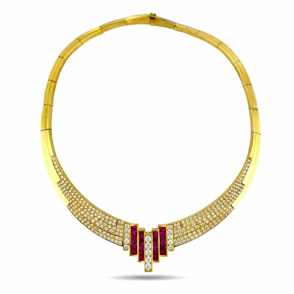 Grand 18K Yellow Gold 4.25ct Diamond and 2.00ct Ruby Necklace - 6.25ct. tw. Diamond (Natural) -: Exclusive Grand 18K Yellow Gold 4.25ct Diamond and 2.00ct Ruby NecklaceAn exceptionally substantial and richly detailed necklace crafted in luminous 18 karat yellow gold. The design features