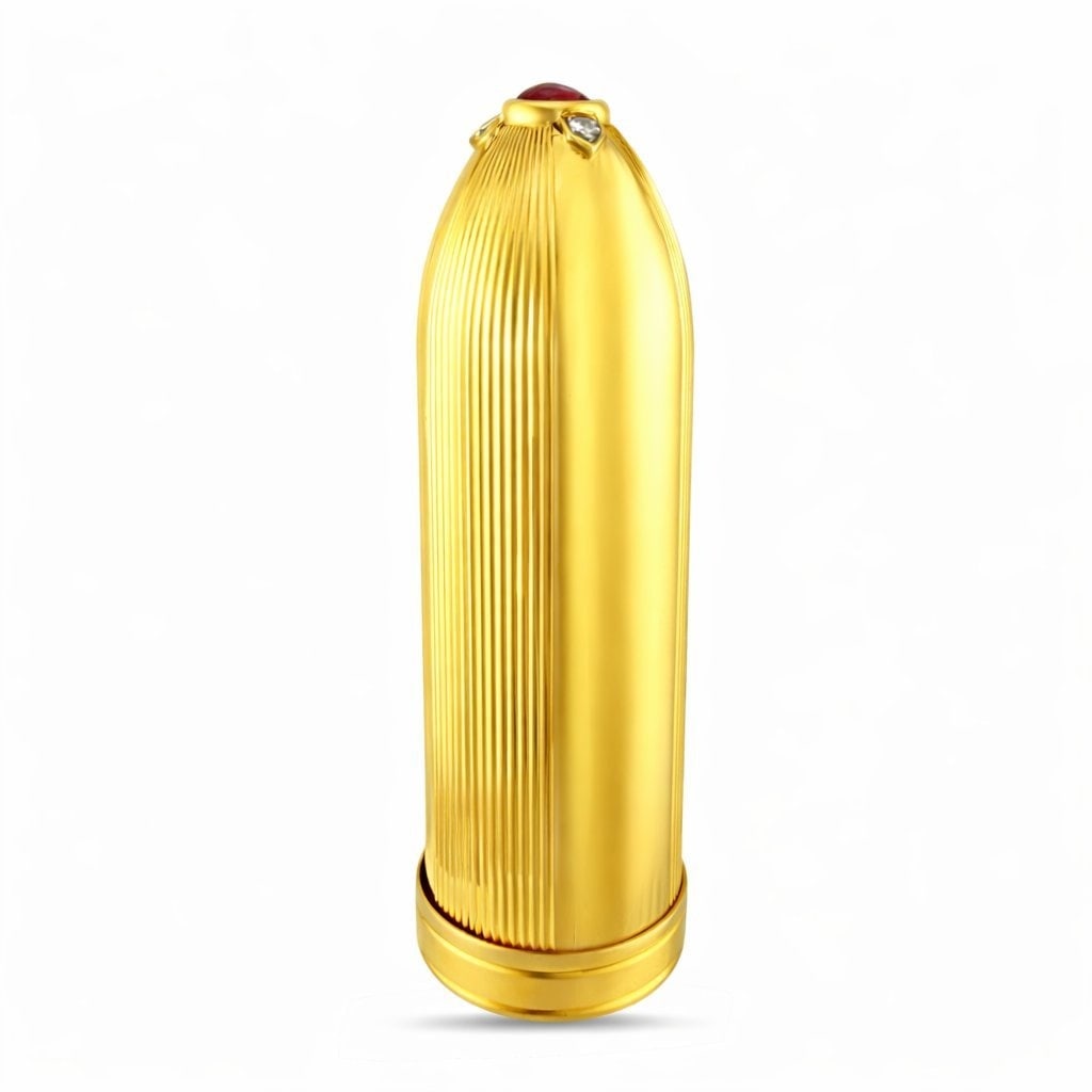 Cartier - Lipstick Case - 14kt gold: Exclusive Cartier 14K Yellow Gold 0.50ct Ruby and 0.05ct Diamond Lipstick CaseA refined and collectible Cartier lipstick case crafted in rich 14 karat yellow gold. The elegant cylindrical form is acce