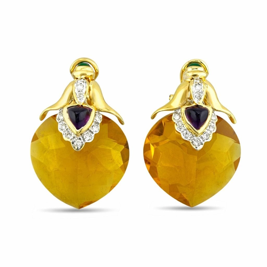 18K Yellow Gold 45.00ct Citrine, 0.20ct Diamond, Emerald, Amethyst Earrings, Yellow gold - 45.00ct. (1 of 7)
