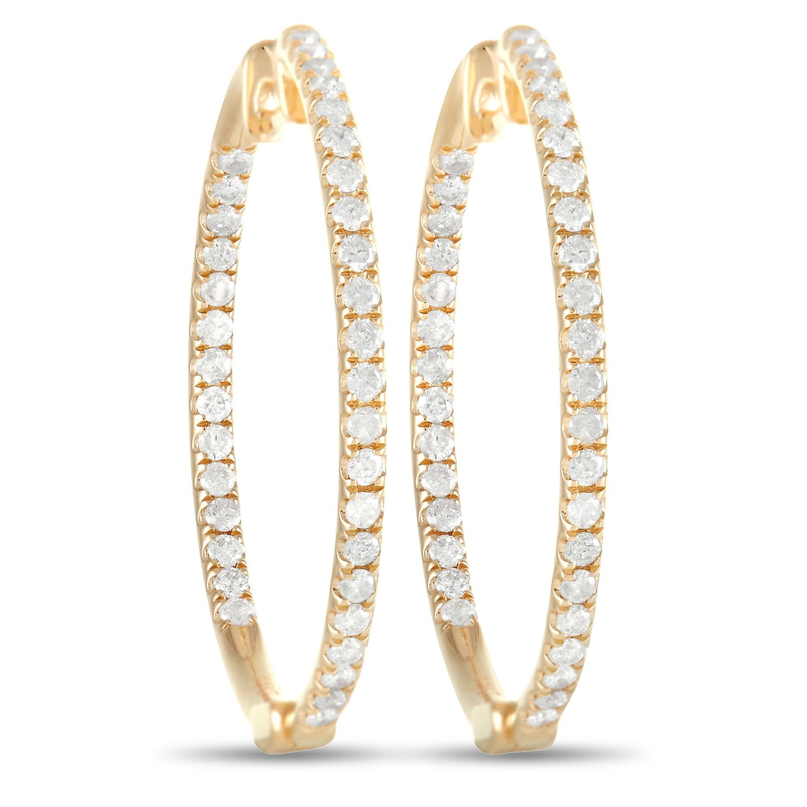 14K Yellow Gold 1.0ct Diamond Hoop Earrings: Take any outfit to the next level with these elegant hoop earrings. Made from 14K yellow gold, each one features a series of round cut diamonds that together total 1.00 carats. These earrings measure