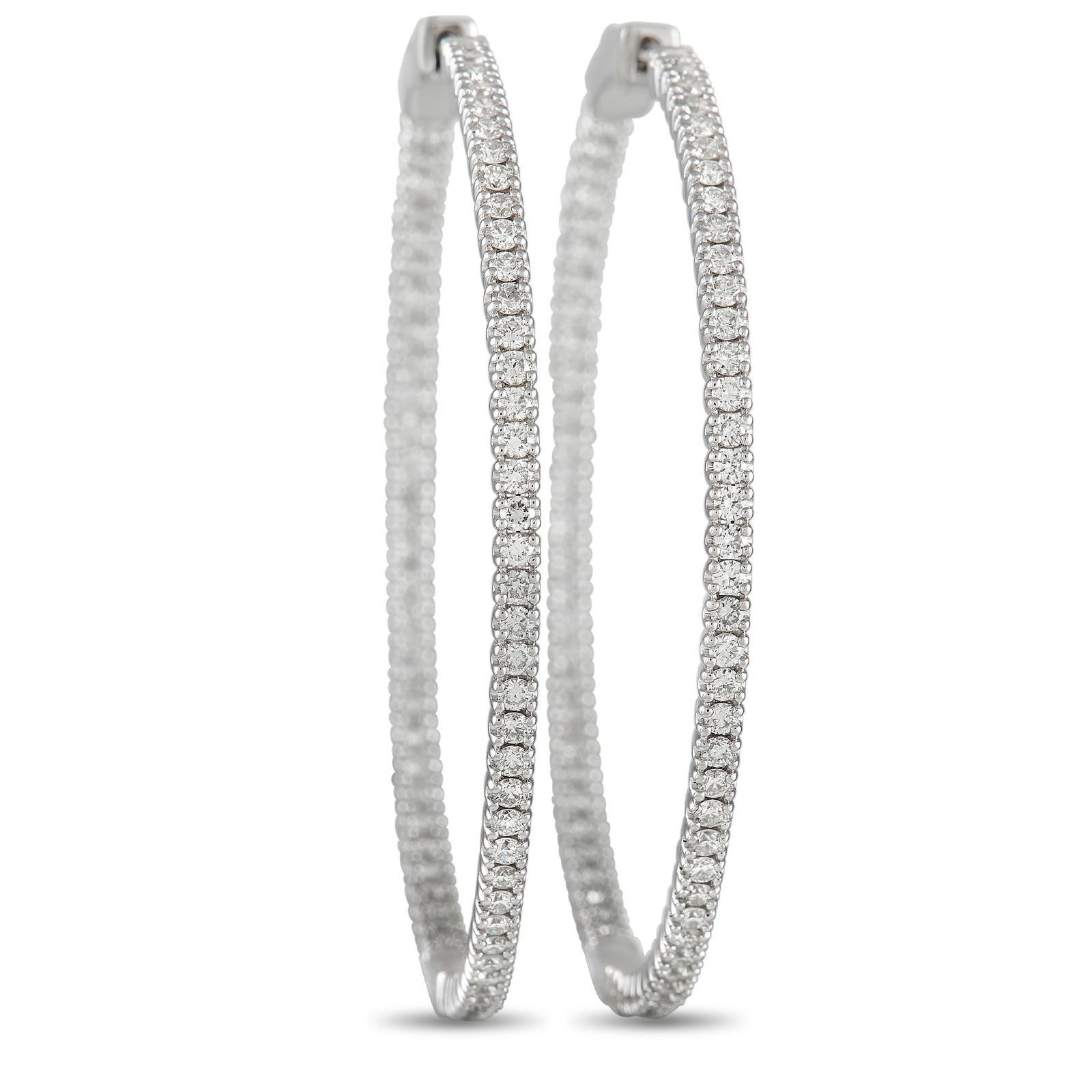 14K White Gold 1.77ct Diamond Inside-Hoop Earrings: Elevate any ensemble by adding these refined hoop earrings. Adorned with diamonds totaling 1.77 carats, these exquisite earrings feature a sleek 14K White Gold setting that measures 1.75” round.