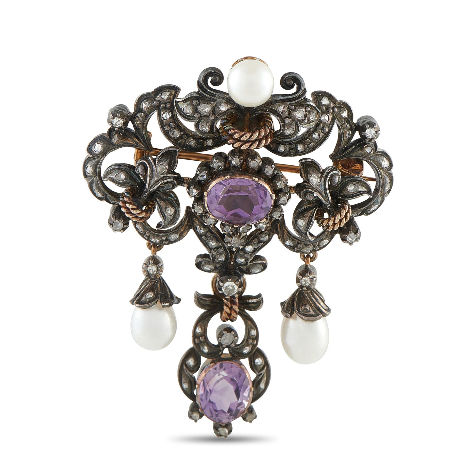 14K Rose Gold Silver Diamond, Amethyst and Pearl Victorian Brooch: A Victorian revival in full flourish, this brooch takes the silhouette of a chandelier, suspended in ornament and contrast. The black rhodium-plated base is shaped in scrolling forms and fleur-de-lis