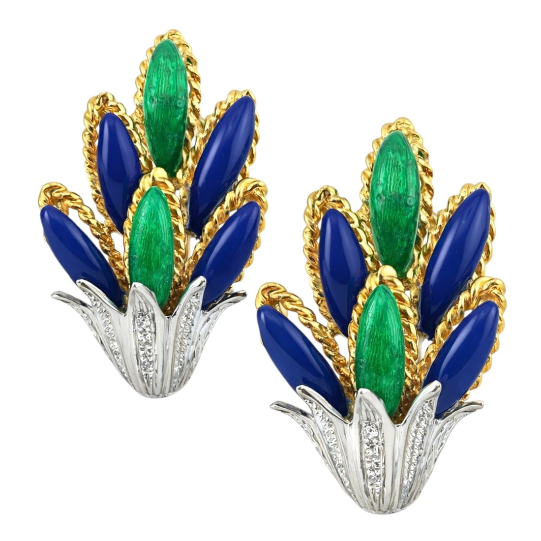Exclusive 18K Yellow Gold and Enamel Diamond Earrings: Exclusive 18K Yellow Gold and Enamel Diamond Earrings A striking pair of 18K yellow and white gold earrings showcasing intricate blue and green enamel work accented by delicate diamonds. Measuring