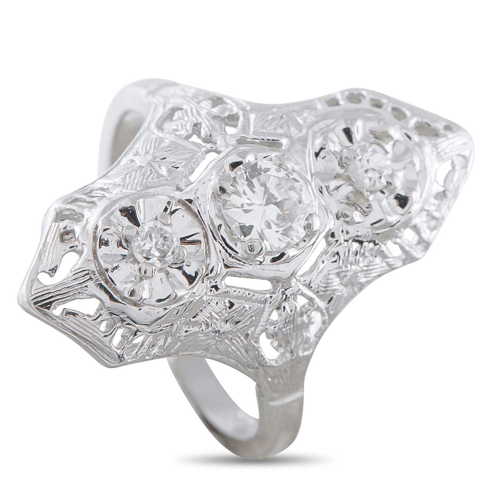 18K White Gold 0.35ct Diamond Ring: This luxury ring is teeming with Art Deco opulence. The detailed 18K White Gold setting beautifully showcases a stunning array of Diamonds with a total weight of 0.35 carats. A 2mm wide band and a