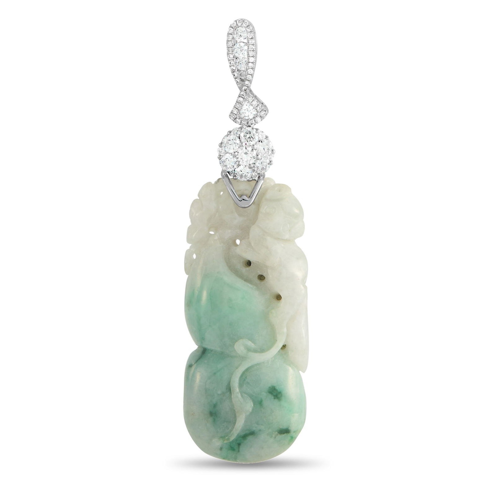 18K White Gold 0.90ct Diamond and Jade Hulu Pendant: A fresh take on a traditional form, uniting cultural symbolism with craftsmanship. The pendant features a hand-carved jade hulu (or double gourd), long associated with longevity and good fortune. The