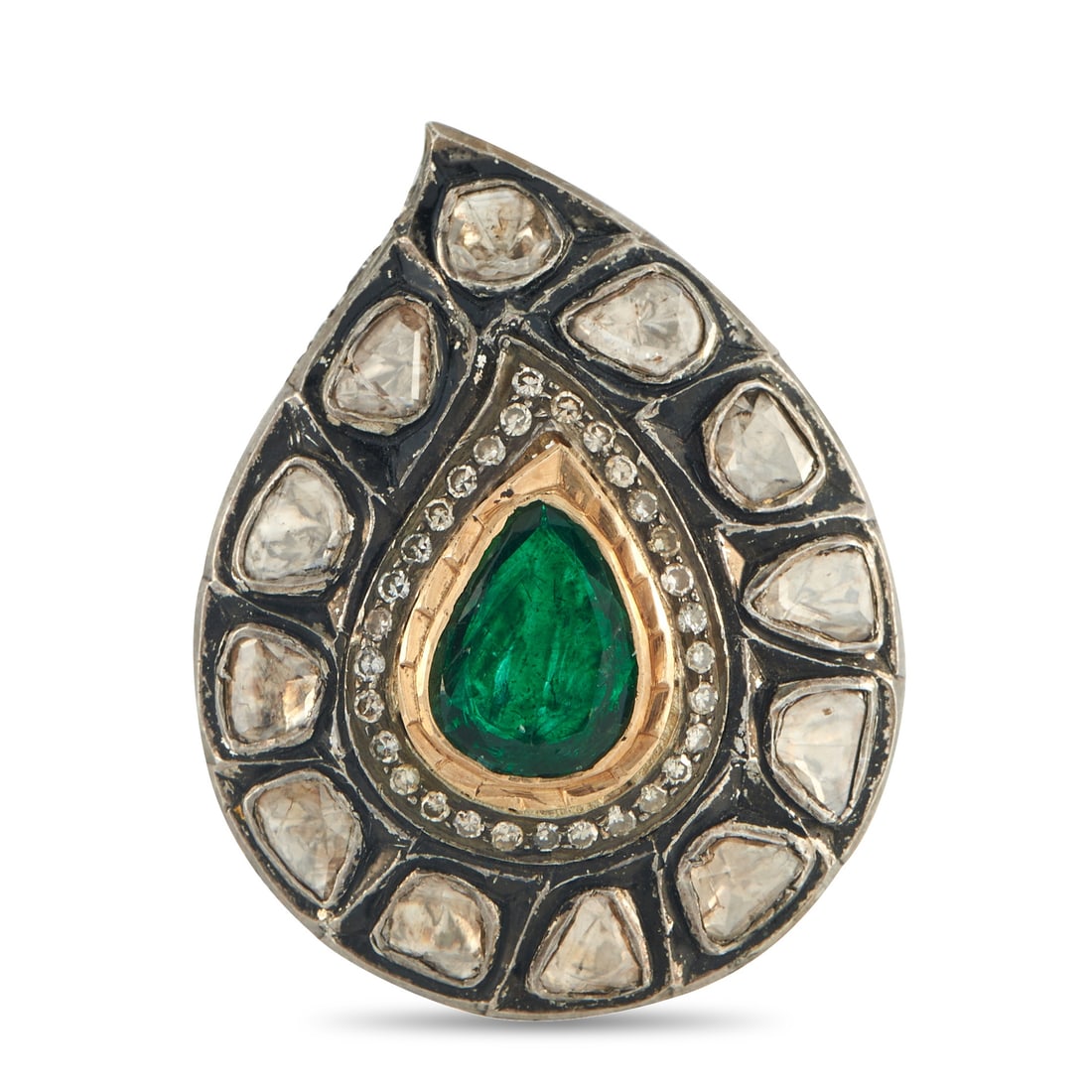 14K White Gold 3.50ct Diamond Pendant: This pendant is filled with intricate details. A green gemstone contrasts beautifully against a golden accent at the center. Diamonds with a total weight of 3.50 carats add a touch of luxury to the ov
