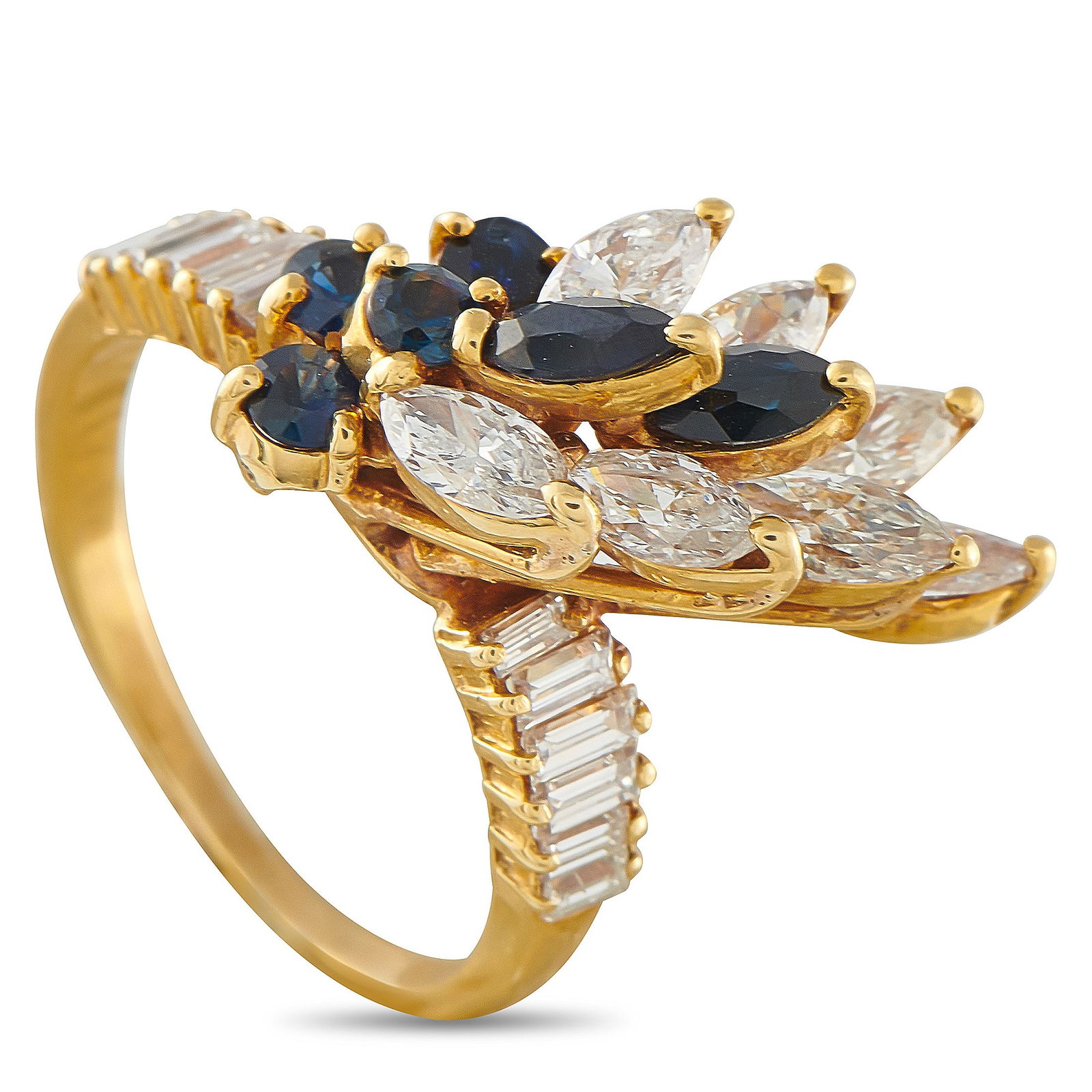 18K Yellow Gold 2.25ct Diamond and Sapphire Ring: A unique design makes this luxury ring simply breathtaking. Diamonds with a total weight of 2.25 carats add sparkle from their place within the 18K Yellow Gold setting. Sapphires with a total weight o