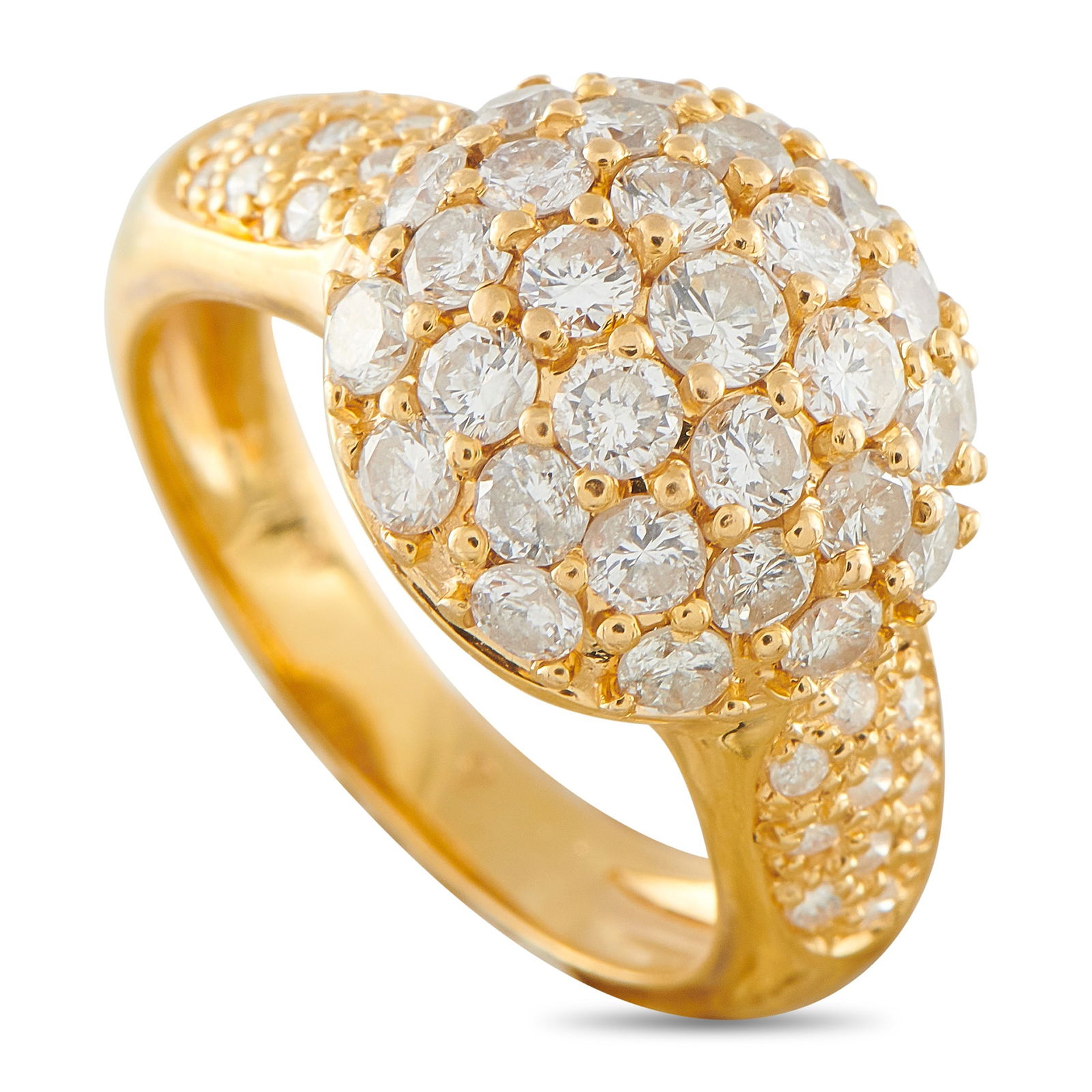 18K Yellow Gold 2.0ct Diamond Ring: Diamonds with a total weight of 2.0 carats take center stage on this elegant, understated ring. Set in 18K Yellow Gold, a domed design makes it an ideal luxury piece for everyday wear. It features a 3