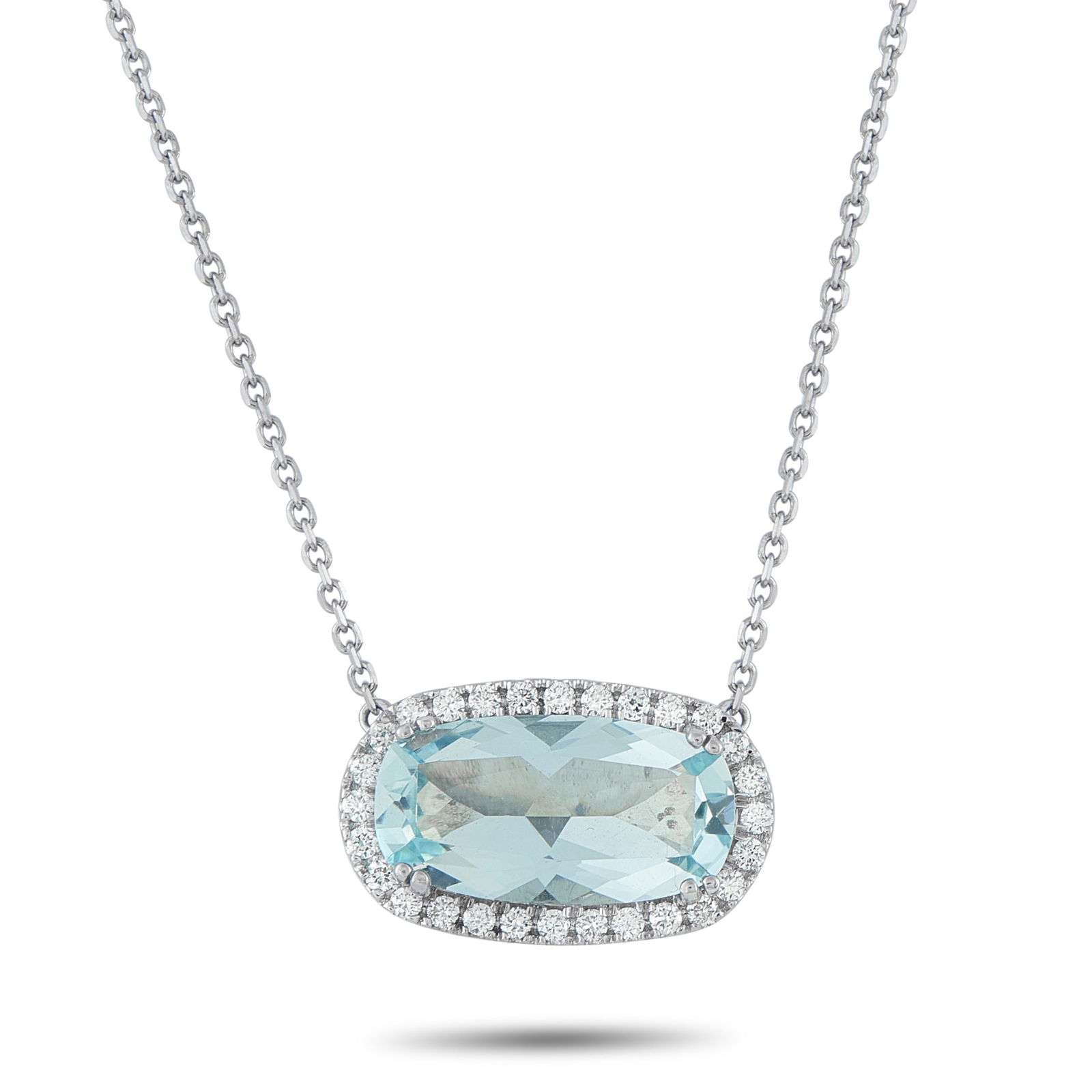 14K White Gold 0.70ct Diamond and Aquamarine Necklace: With nothing extraneous to distract the eye, this piece demonstrates how simplicity and clarity create presence on their own. This 14K white gold necklace allows an 8.50-carat oval aquamarine to