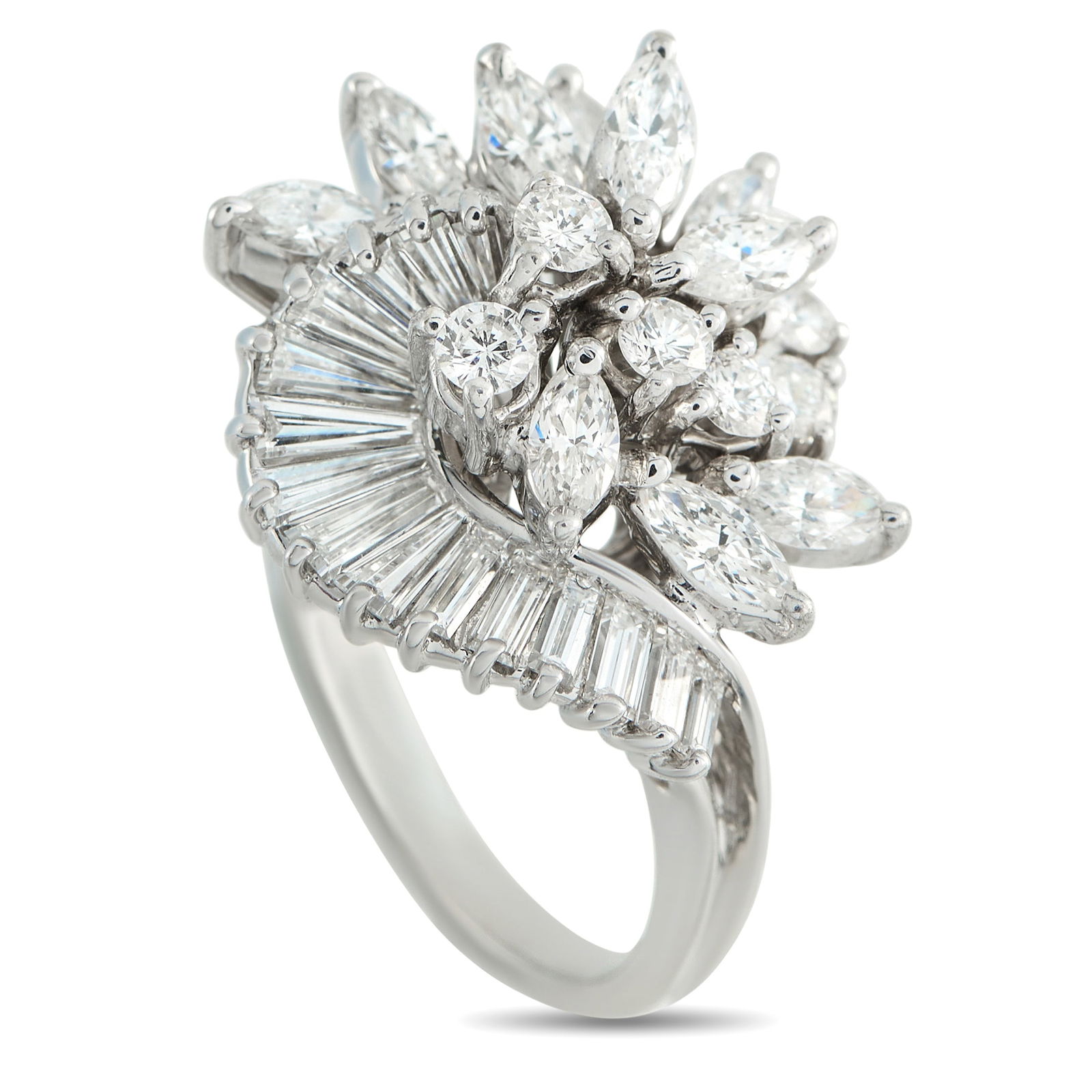 14K White Gold 2.5ct Diamond Ring: Fluidity guides the design of this ring. Instead of a static center, a winding row of baguette diamonds frames a cluster of round and marquise diamonds. This curved line stems from the 2mm white